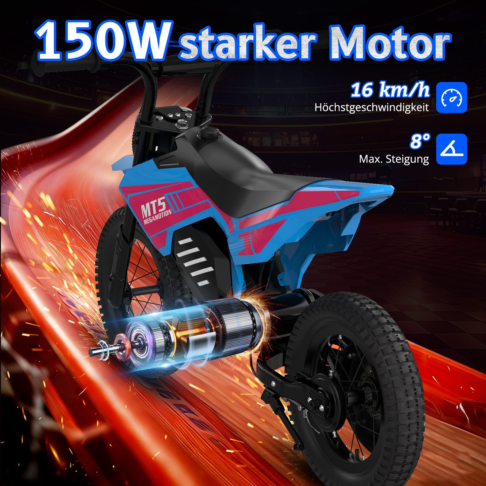Mega Motion Elektro-Kindermotorrad MT5, 150W, 5,2AH, 8/16 km/h, 12 Zoll Luftreifen, Reichweite 10 km, Belastbarkeit 40 kg, Schnellladung 2–3 h, Elektromotorrad für ab 6 Jahren