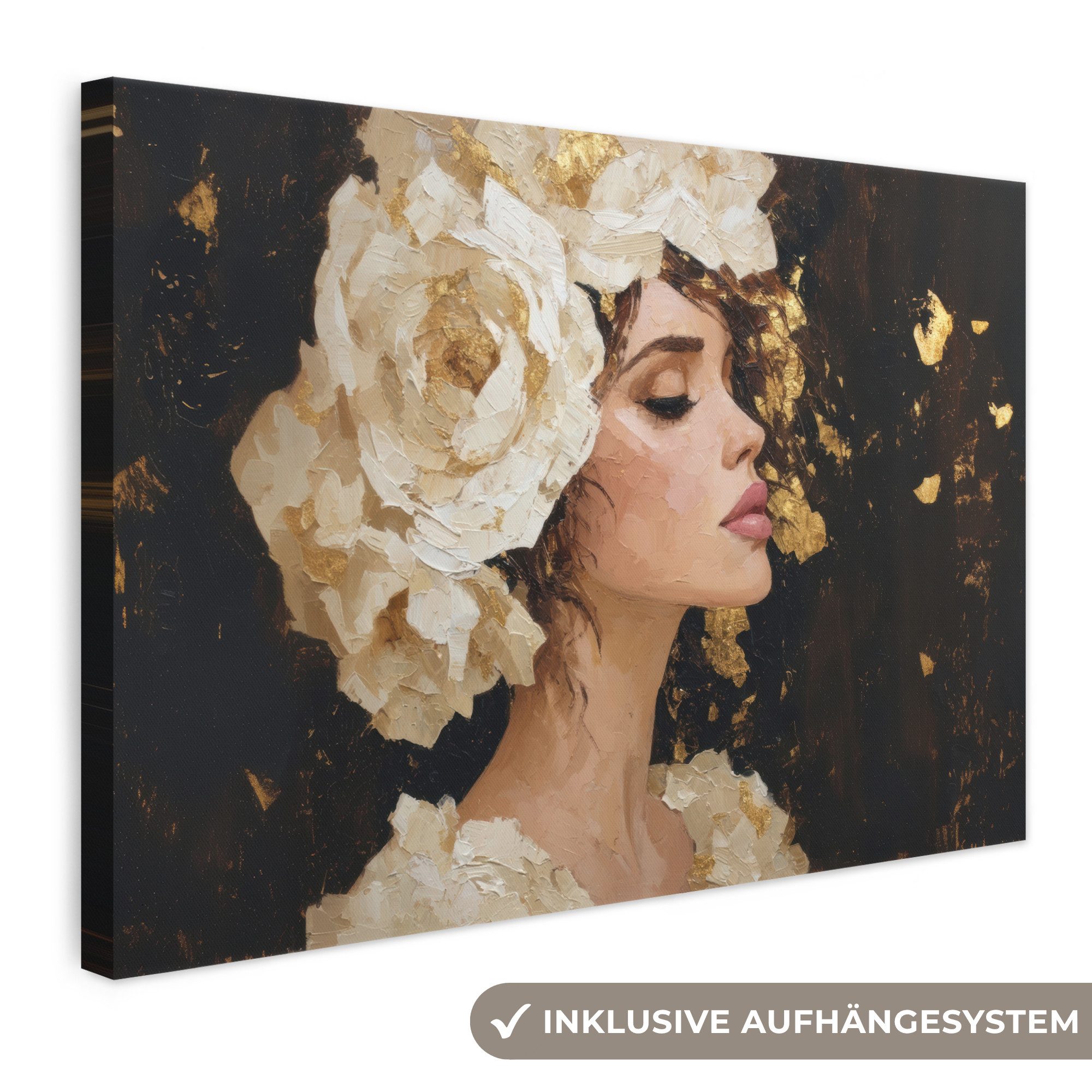 OneMillionCanvasses® Leinwandbild Abstrakt - Frau - Blumen - Weiß, Fotodruck (1 St), Leinwand Bilder Klein, Wand Dekoration Aesthetic 30x20 cm