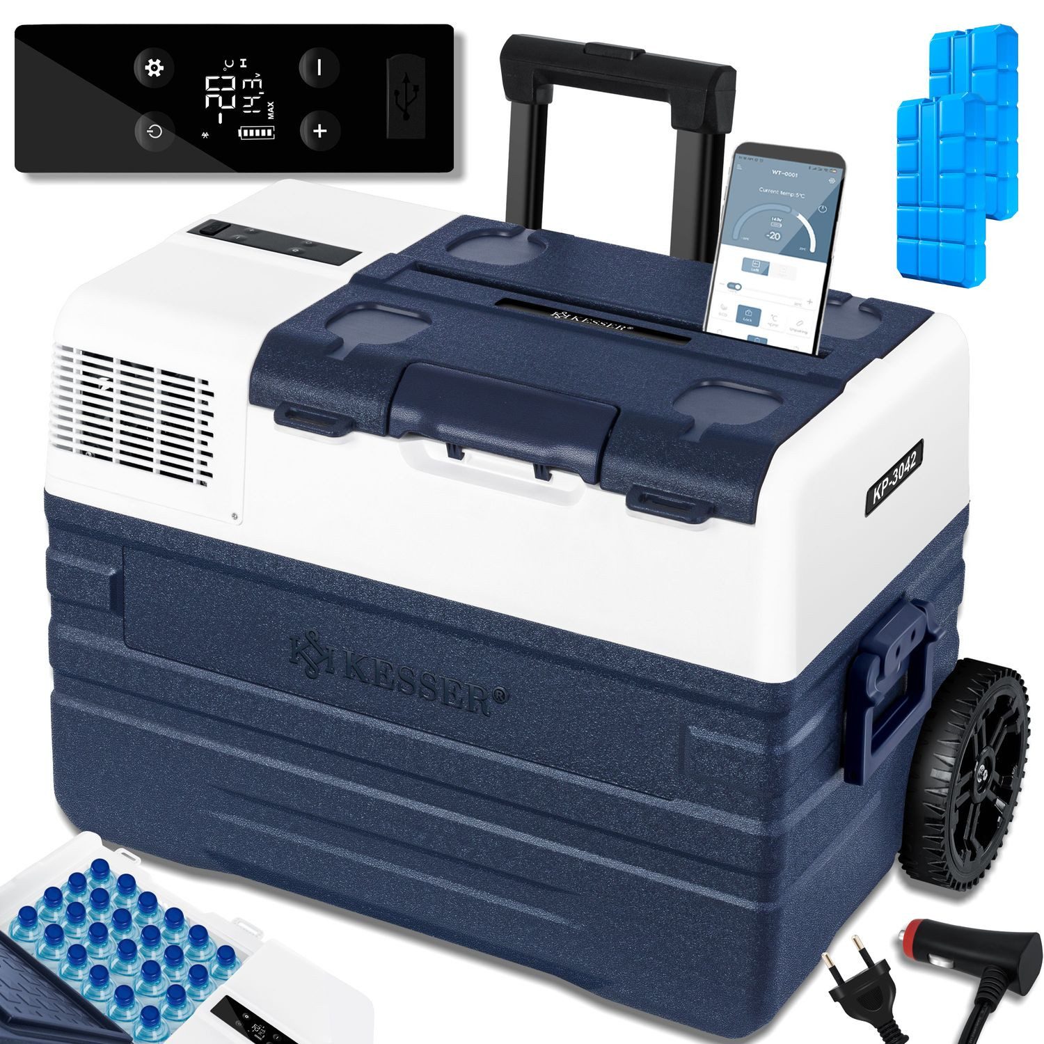 KESSER Kühlbox Kompressor Kühlbox elektrisch Gefrierbox APP-Steuerung USB-Anschluss, 42 l, 12/24 V 230V, +Teleskopstange, 2x Kühlbox Räder Kühlschrank -20 °C