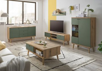 Furn.Design Wohnwand Juna, (Wohnzimmer Set in Evoke Eiche mit Salbeigrün, 3-teilig, 260 - 280 cm), skandinavisches Design