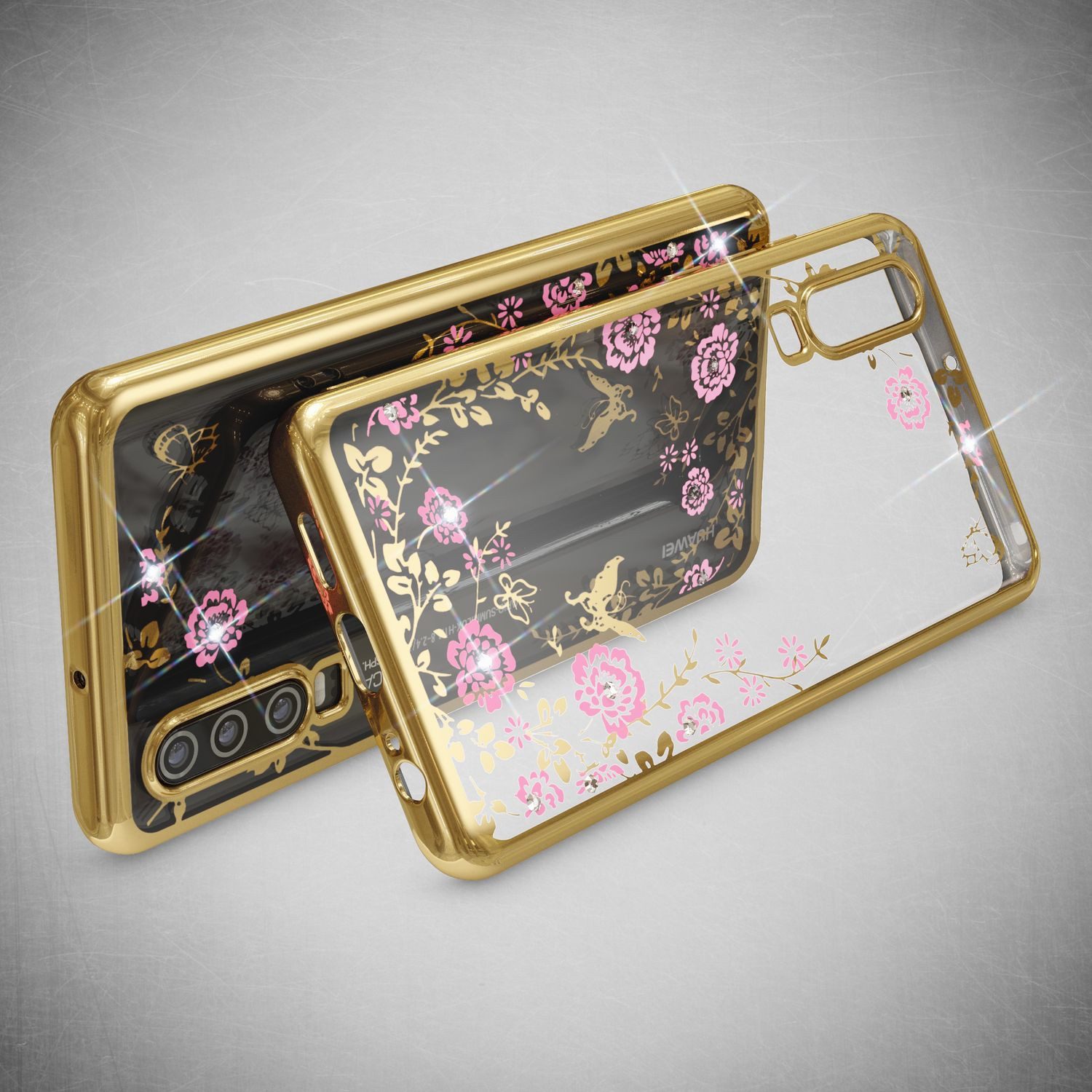 Nalia Smartphone-Hülle Huawei P30 15,5 cm (6,1 Zoll), Hülle mit Blumenmuster und Glitzer Steinen / Durchsichtige Schutzhülle