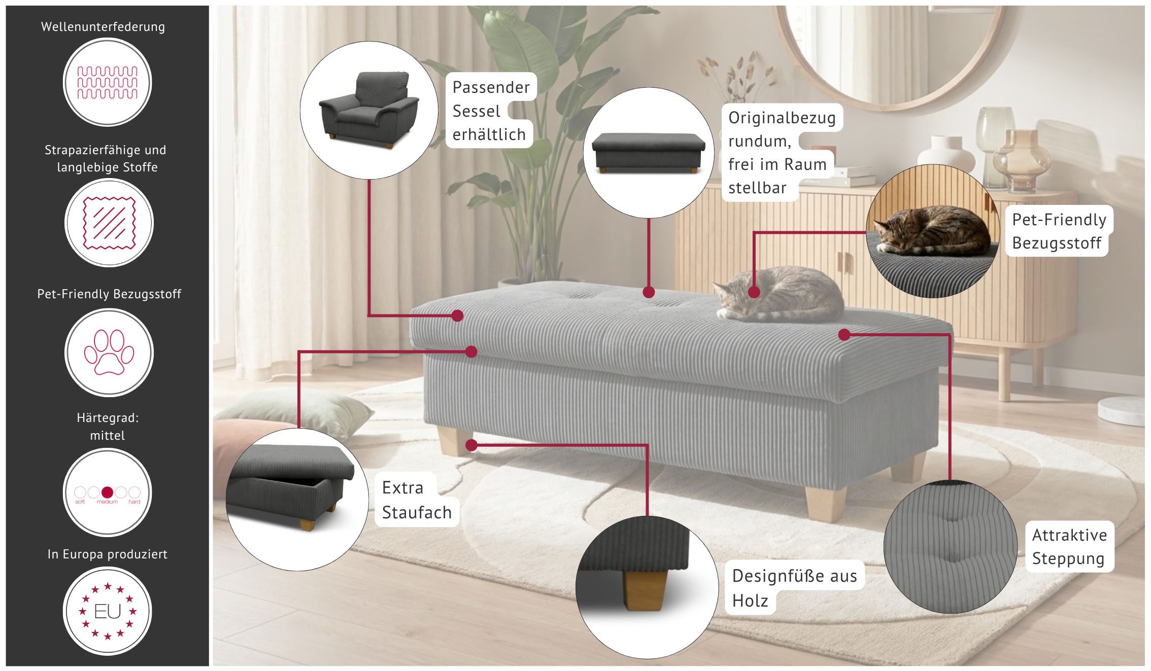 OTTO home Hocker Egedal, Polsterhocker Egedal mit Staufach, passend zum Sofa