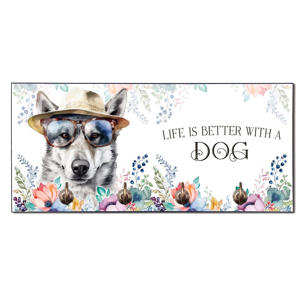 Cadouri Wandgarderobe WOLFSHUND Hundegarderobe - Wandboard für Hundezubehör (Garderobe mit 4 Haken), MDF, mit abgeschrägten Ecken, handgefertigt, für Hundebesitzer