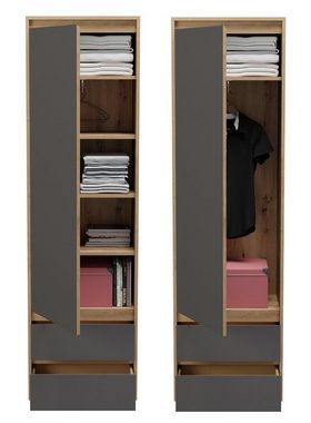 xonox.home Garderobenschrank Torino (Schuhschrank in Eiche und matt grau, 54 x 190 cm) Variable Inneneinteilung, mit Schubladen