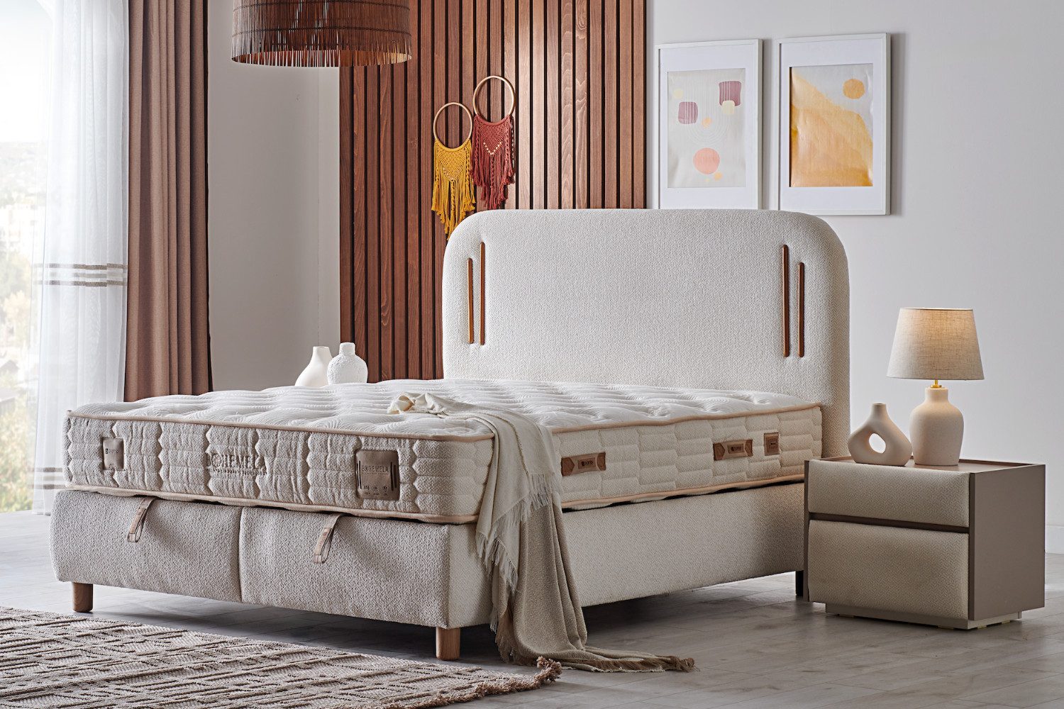 BAMBI YATAK Boxspringbett mit Matratze & Stauraum, Bambi Bohemela, Bett mit Bettkasten (1 x H3 Mittelfest Matratze, 2 x Bettkasten, 1 x Bettkopfteil), Bett mit 7-Zonen Taschenfederkernmatratze