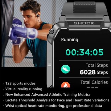 LWEARKD Noir Smartwatch (1,95 Zoll, Andriod iOS), mit Schrittzähler, Herzfrequenz, Militärische Fitnessuhr 123 Sportmodi