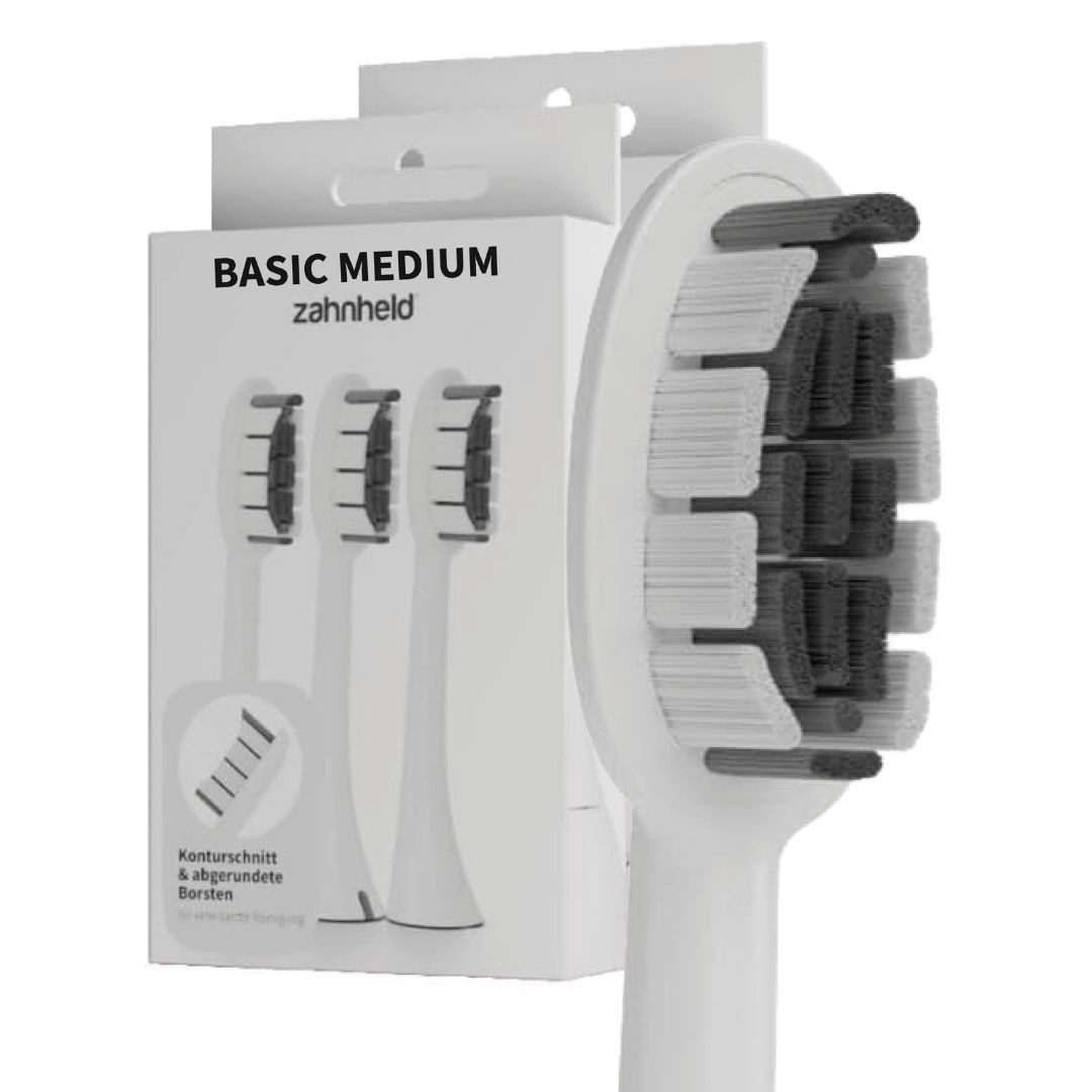Zahnheld Aufsteckbürsten Ersatzbürsten Basic Medium - ideal für Schallzahnbürste Gero, im 3er, 6er oder 9er Set, Zahnpflege Set, mittelharte Wechselköpfe, plastikfrei verpackt, 6 Stück, weiß