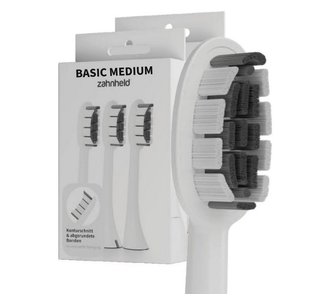 Zahnheld Aufsteckbürsten Ersatzbürsten Basic Medium - ideal für Schallzahnbürste Gero, im 3er, 6er oder 9er Set, Zahnpflege Set, mittelharte Wechselköpfe, plastikfrei verpackt, 6 Stück, weiß