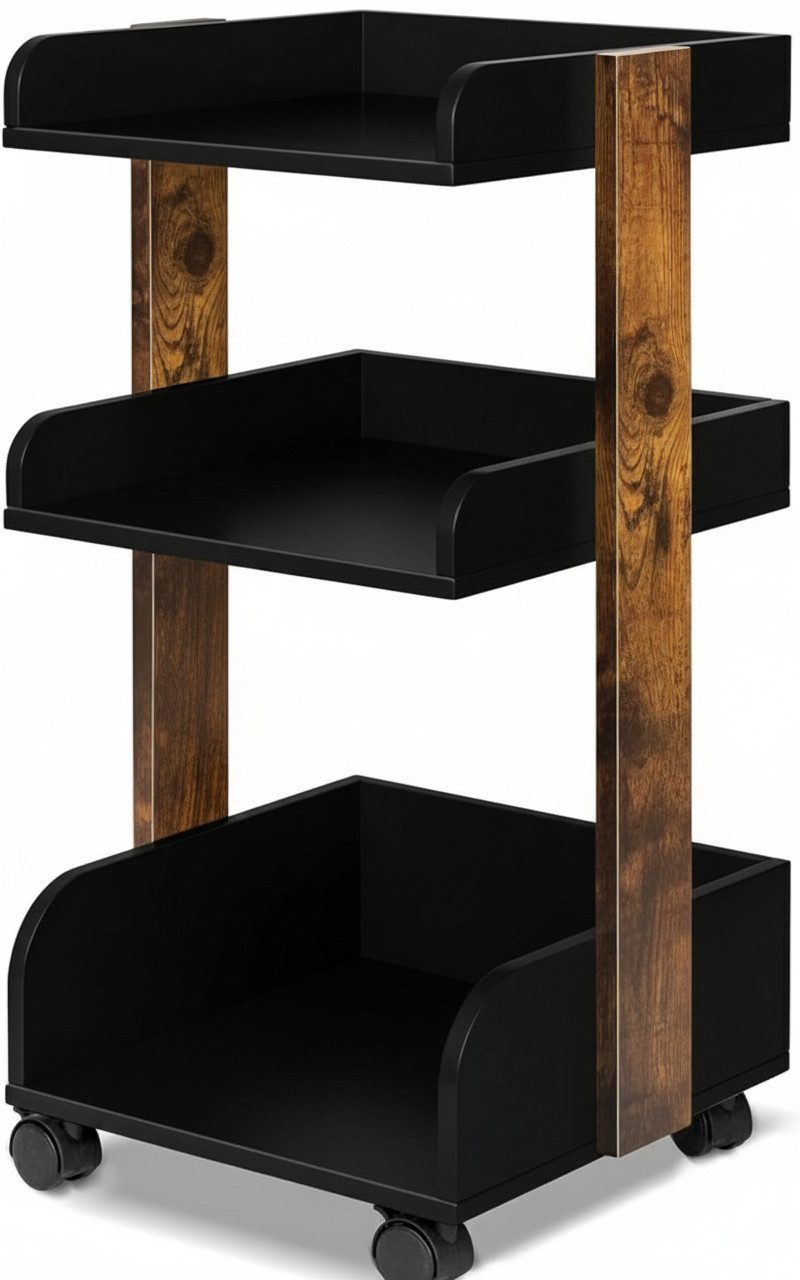 bomoe Rollwagen Aufbewahrungswagen mit Rollen 69 cm hoch Bosse Schwarz und Braun, Holz Rollwagen Badezimmer Büro Küchenwagen Schwarz Braun Servierwagen