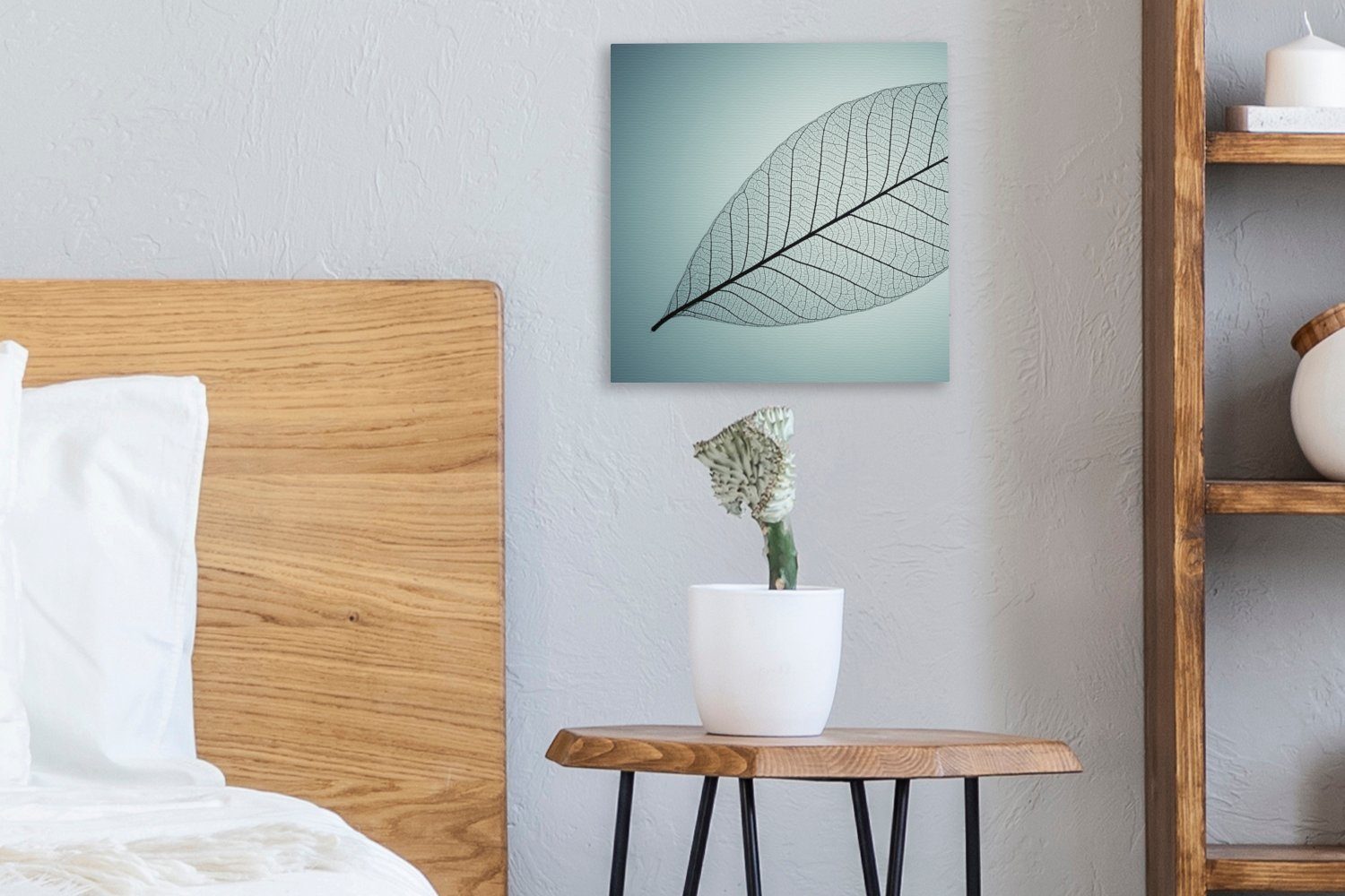 OneMillionCanvasses® Leinwandbild Bild eines mit Leinwand der Schlafzimmer Bilder Wohnzimmer Farbe im botanischen Cyan, (1 für Hintergrund St), Blattskeletts