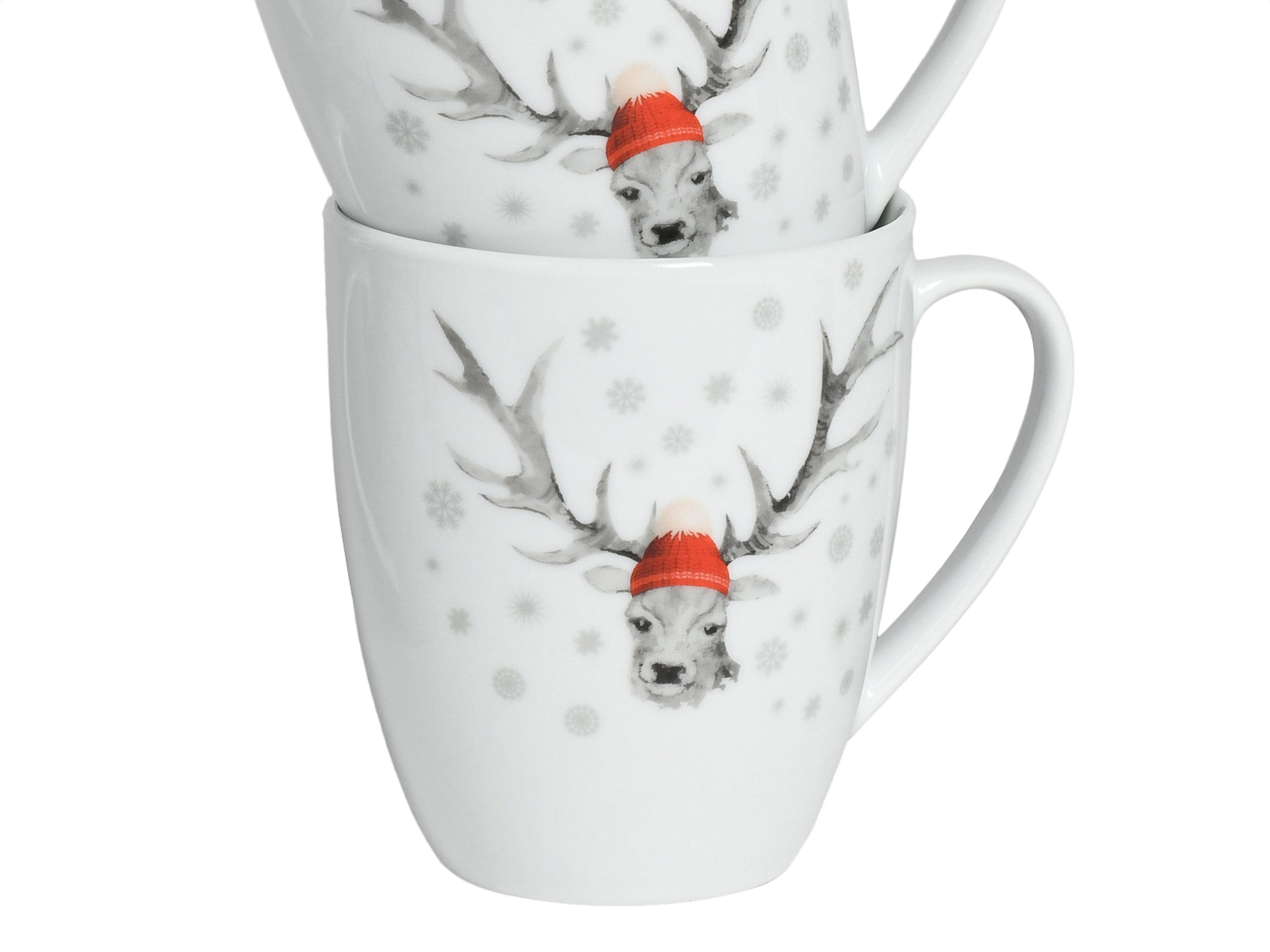 CreaTable Becher Hirsch, Kaffeebecher, 6-tlg., 6-tlg., Porzellan, Winterdekor, Hirschmotiv