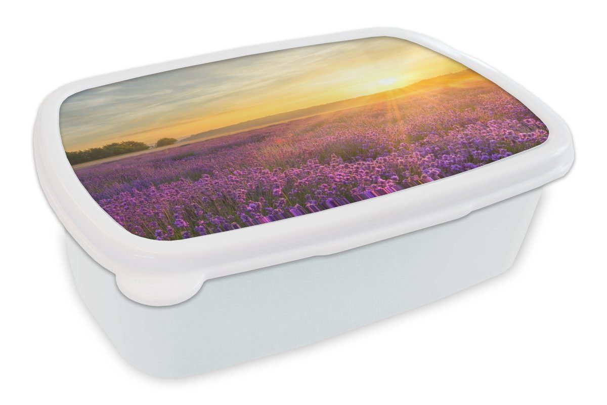 MuchoWow Lunchbox Lavendel - Sonnenuntergang - Bäume - Lila, Kunststoff, (2-tlg), Brotbox für Kinder und Erwachsene, Brotdose, für Jungs und Mädchen weiß | Lunchboxen