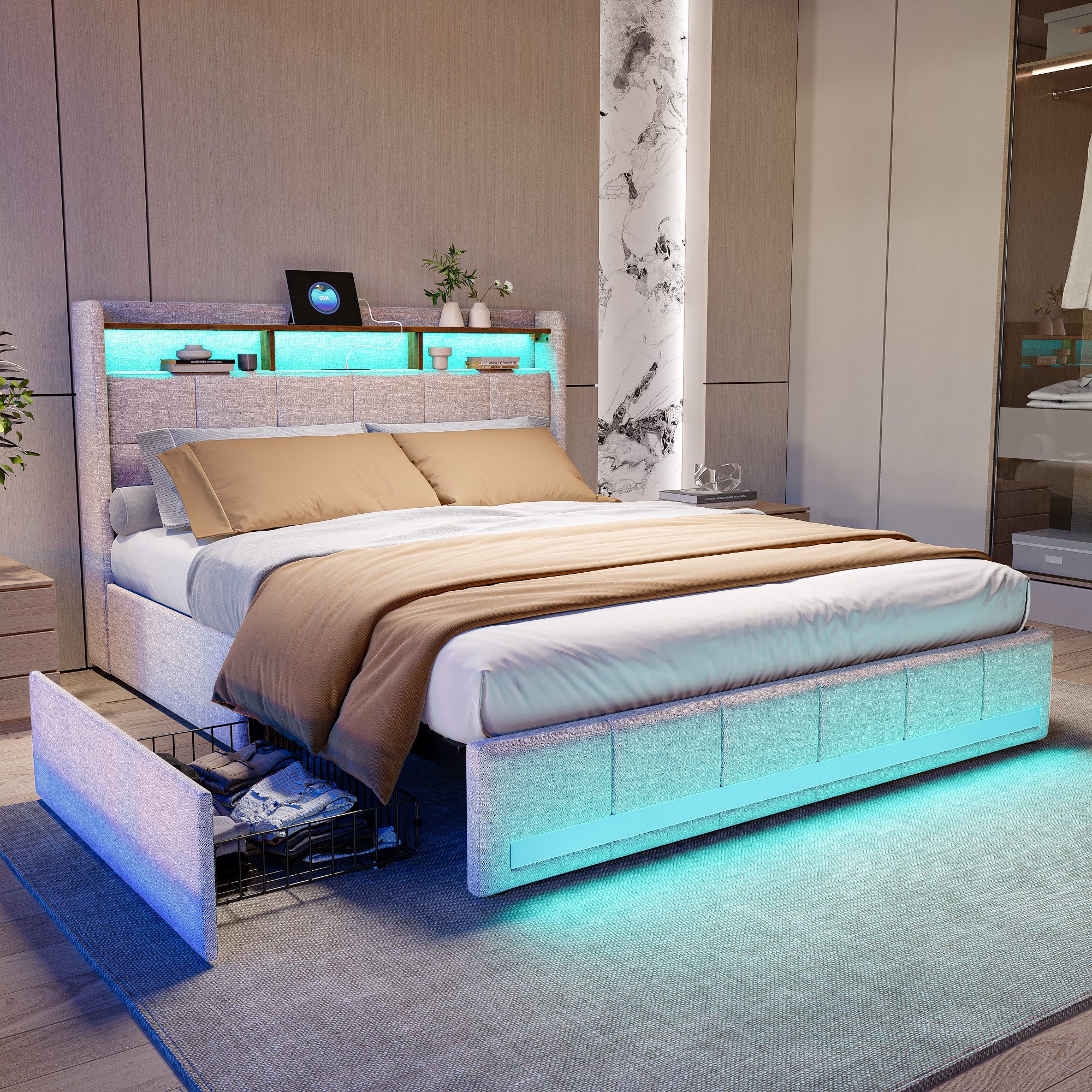 ADWOLT Polsterbett LED Doppelbett Bettgestell mit Stauraum (Set, 1-tlg., mit 4 Schubladen Ausgestattet,140x200cm), mit Lattenrost, Kopfteil,Leinen,ohne Matratze,Beige
