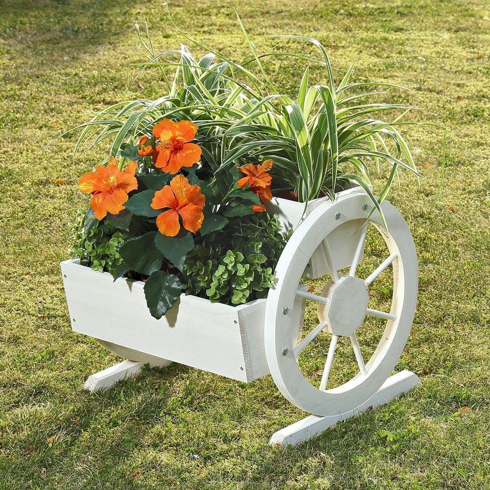 Melko Pflanzkübel Pflanzkasten aus Holz + Wagenräder Weiß Schwarz Garten Dekoration (Stück, 1 St., Pflanzkübel), Individuelle Holzmaserung