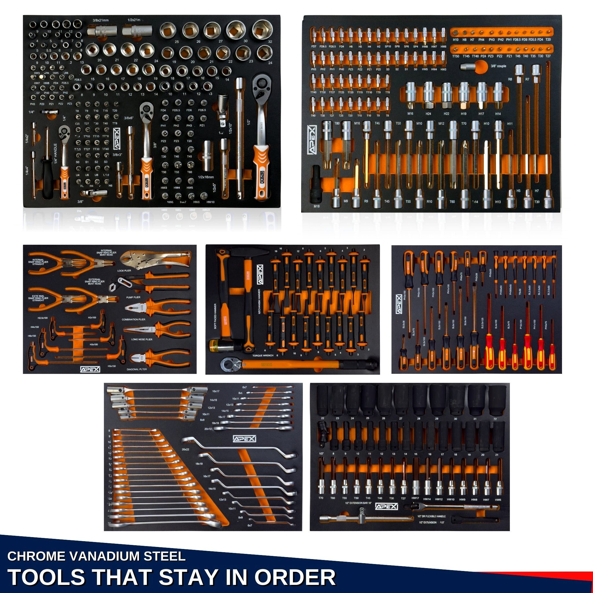 Toolcar Werkzeugwagen Werkstattwagen 7 Schubladen -7 befüllt/bestückt/gefüllt mit Werkzeug, abschließbar, kugelgelagerte Rollen, Chrom-Vanadium-Stahl, stabil, max. Traglast:35 kg, 350-tlg. Werkzeugset, (Soft-Close, kugelgelagert, Zentralverriegelung, 4 Rollen, 350-tlg., EVA-sortiert: Steck/Ratschen, Torx, Schraubendreher, Zangen), Seitenschrank, Arbeitsplatte mit Ablagen, Fußbremse