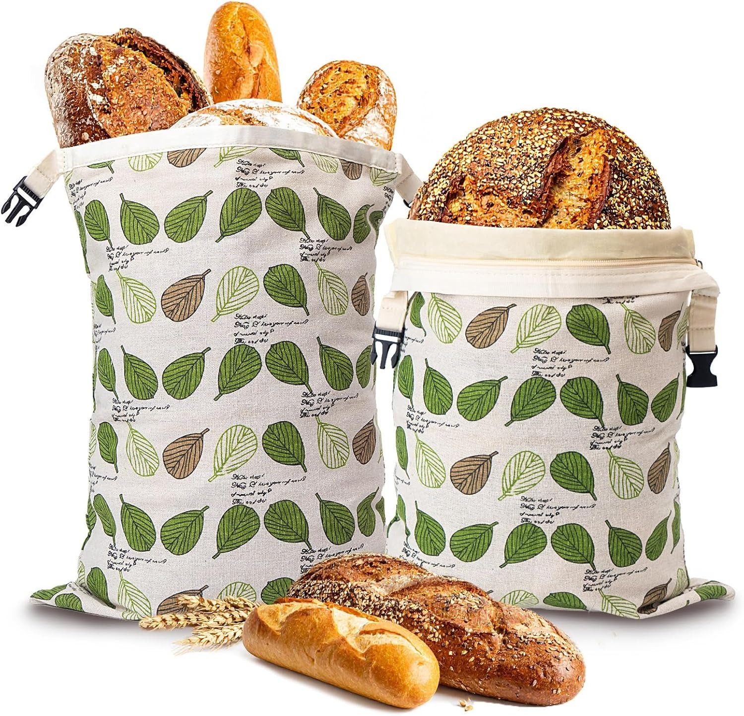 Diwzbyn Brottasche 2er-Set Brottaschen mit Blättermotiv aus Bienenwachs, 33 × 43 cm Brotlagerbeutel, Leinen-Brottasche, geeignet für Backwaren