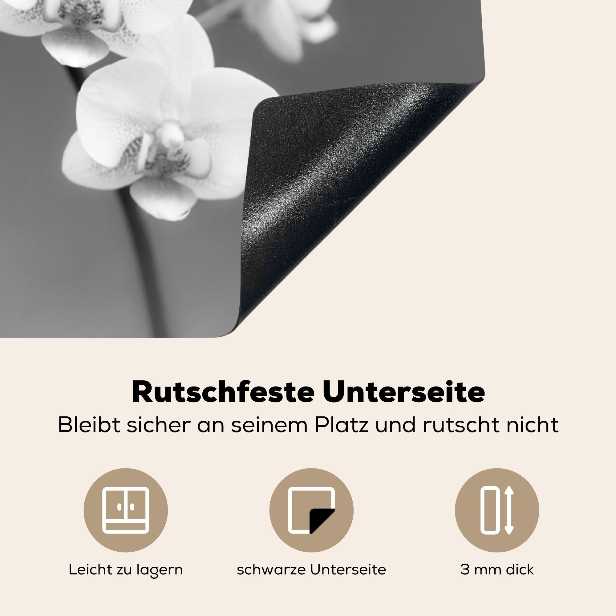 Vinyl, tlg), (1 Blumen 83x51 Weiß - Lila, - Herdblende-/Abdeckplatte - Orchidee für MuchoWow Ceranfeldabdeckung, cm, Arbeitsplatte küche - Pflanze