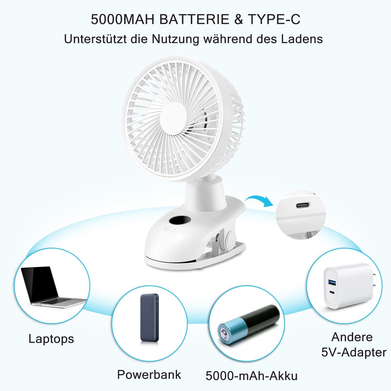 Weiß ZMH Geschwindigkeiten 5000mAh Mini Akku Oszillierend USB-Ventilator Außen, Fan 40dB 4 Leise