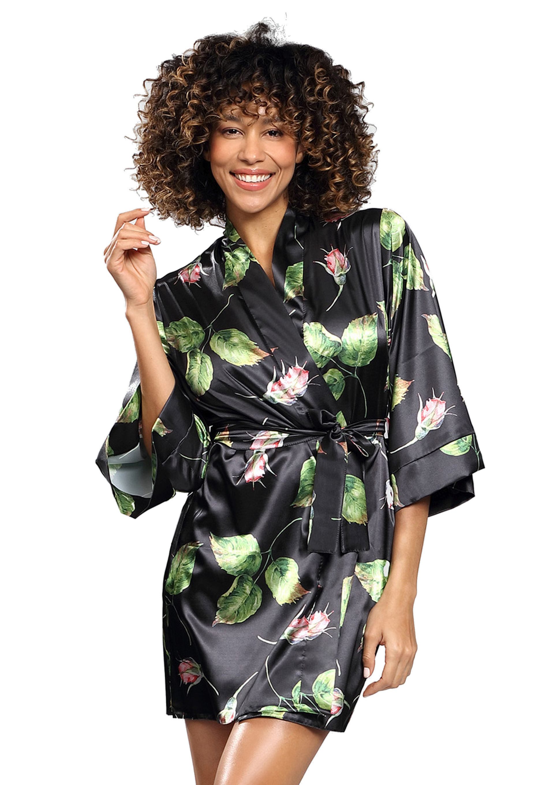 DKaren Morgenmantel Damen Morgenmantel Satin Kurz Kimono 3/4 Ärmel, Satin, Gürtel