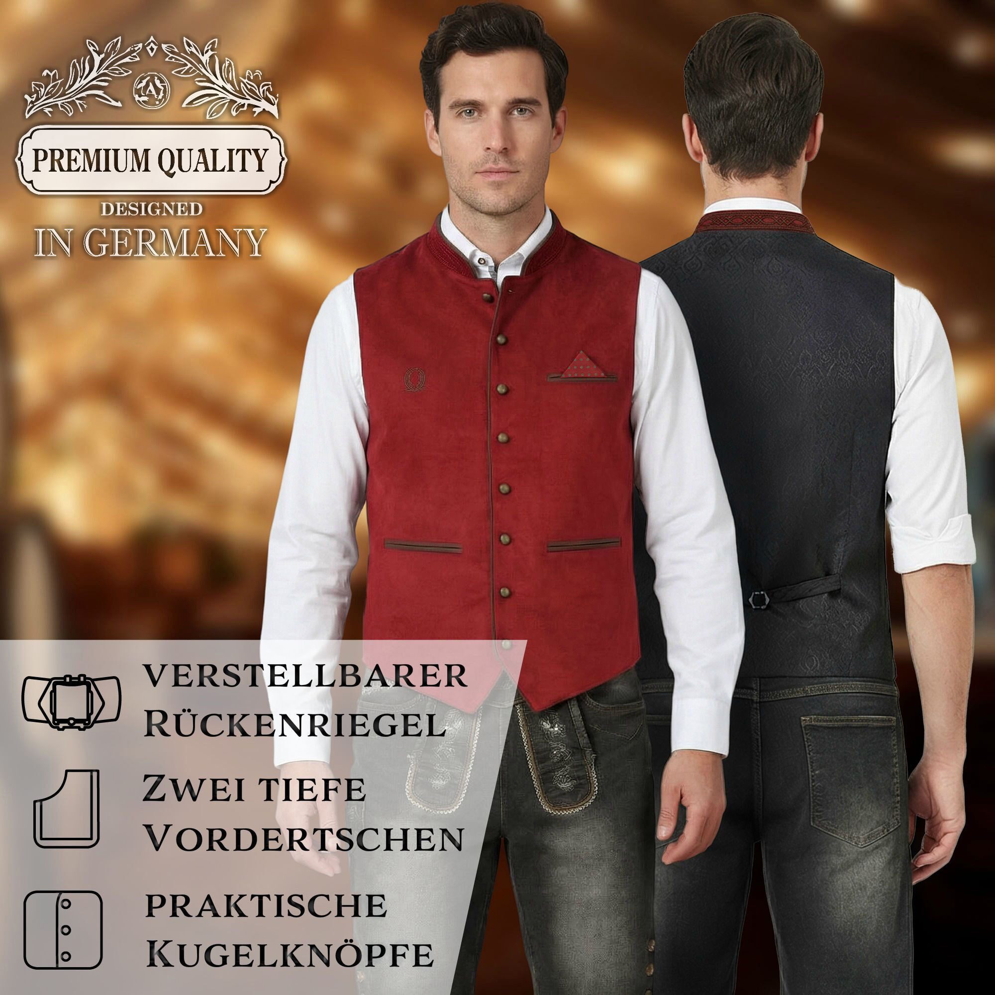 Steigenhöfer Manufaktur Trachtenweste Herren in Samtoptik - Verstellbarer Rückenriegel - Tiefe Taschen Traditionelle Kugelknöpfe - Einstecktuch - Für Oktoberfes – Bild 5 von 5