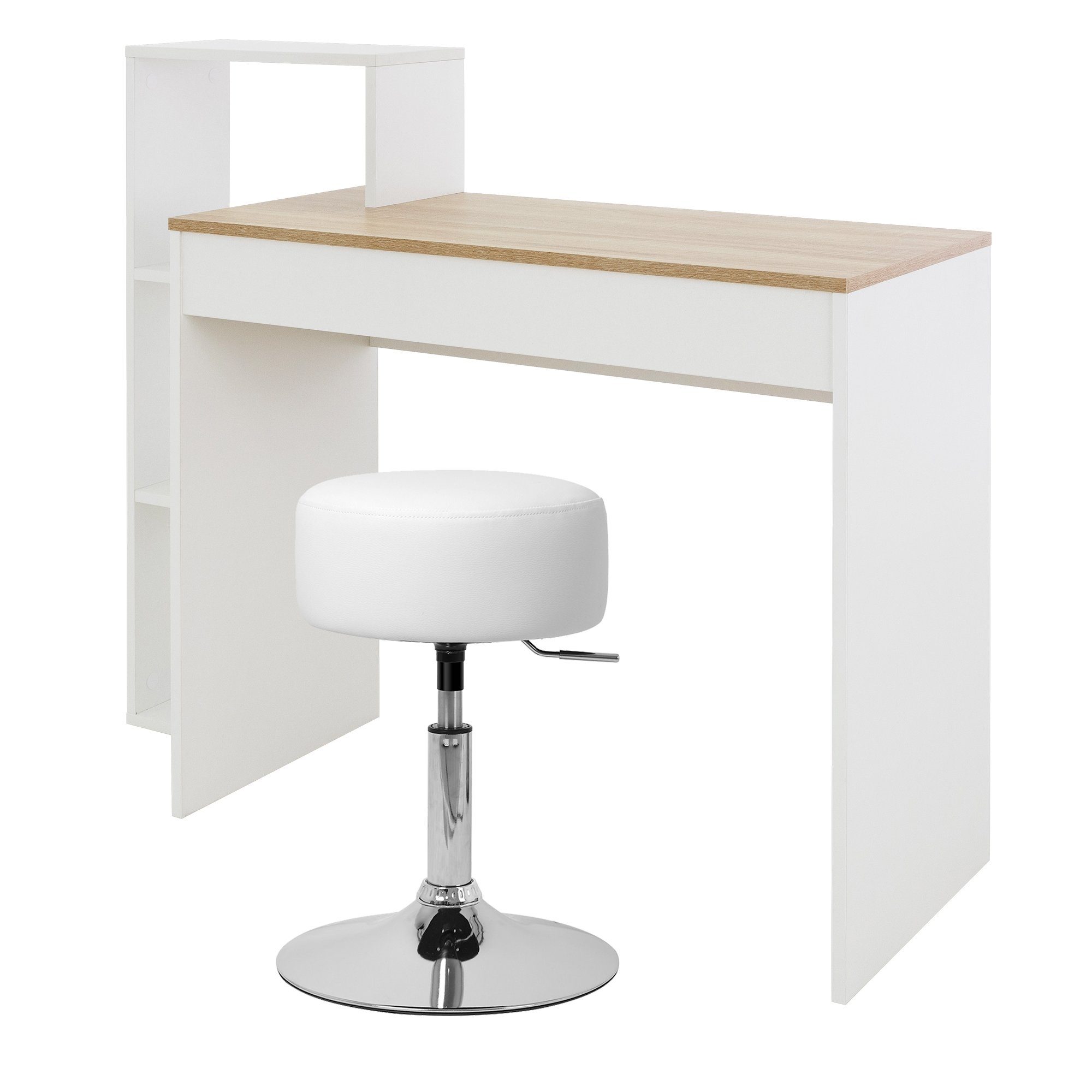 ML-DESIGN Schreibtisch Tisch mit Arbeitstisch Kunstleder, Bürotisch PC Regal Sitzhocker Computertisch 110x72x40cm Einlegeböden Polsterhocker Weiß/Sonoma-Eiche