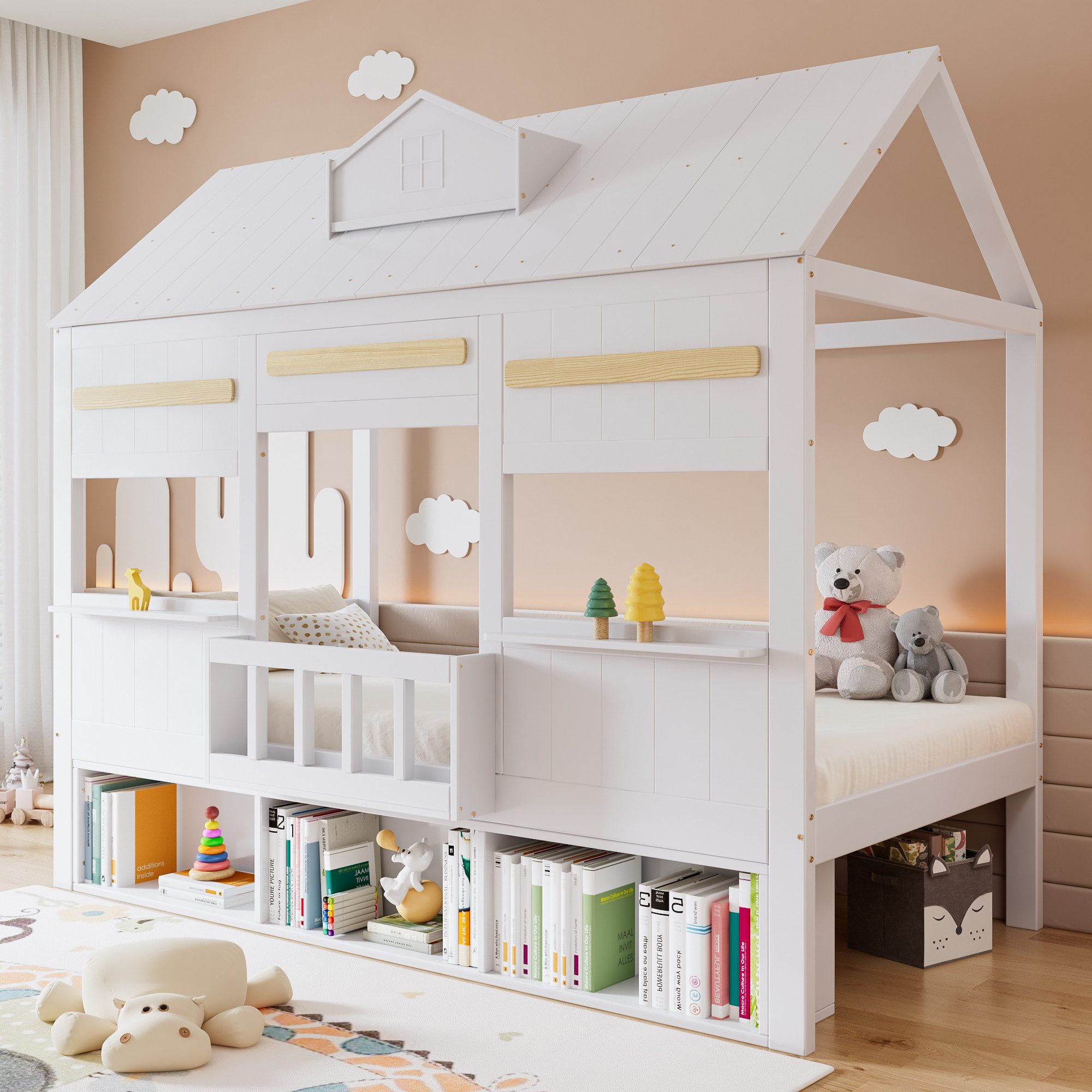 Flieks Kinderbett, Halbhochbett Hausbett 90x200cm mit einer Reihe Regal unter dem Bett