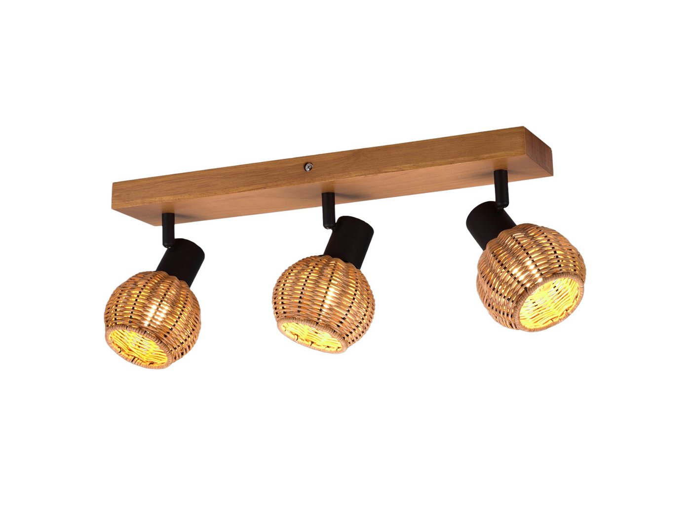 meineWunschleuchte Deckenstrahler Rattan-Lampe mit Holz, Breite 50cm, ohne Leuchtmittel, Innen Deckenleuchte, Korblampe skandinavisch mit 3 Strahler, Holzlampe