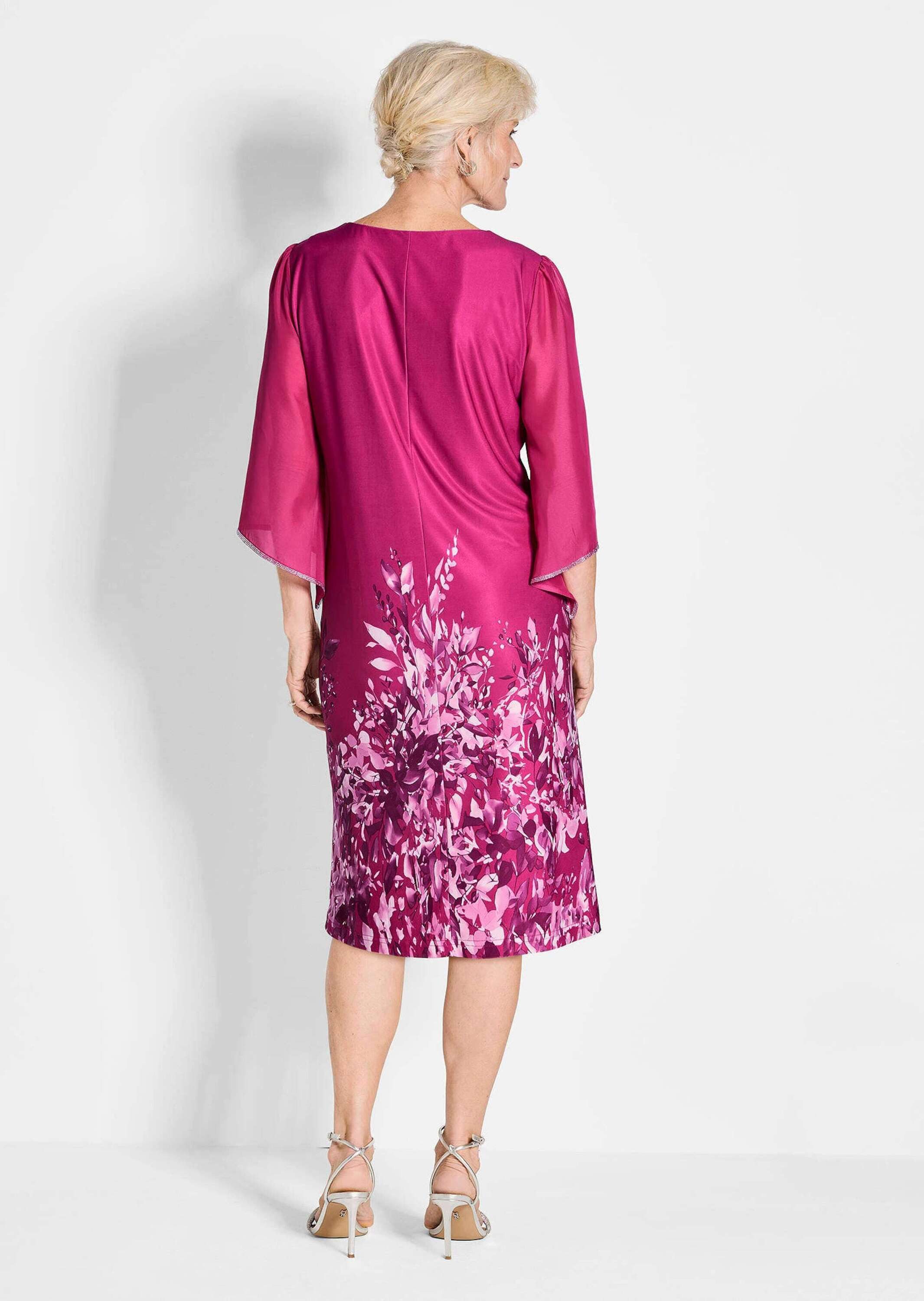 GOLDNER Sommerkleid Pinkes elegantes Kleid mit 3/4-Arm aus Chiffon Figurumspielendes Kleid mit 3/4-Arm und U-Boot-Ausschnitt