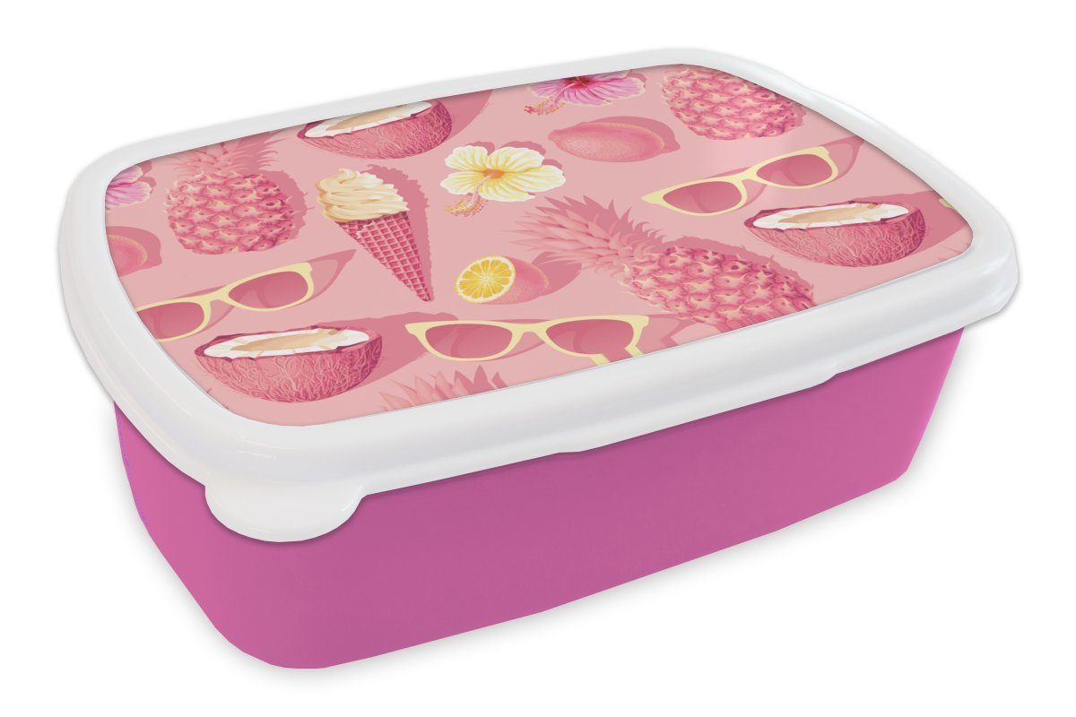 MuchoWow Lunchbox Sommer - Muster Brotdose Kunststoff - (2-tlg), Brotbox Rosa, Kunststoff, Erwachsene, Snackbox, Mädchen, für Kinder