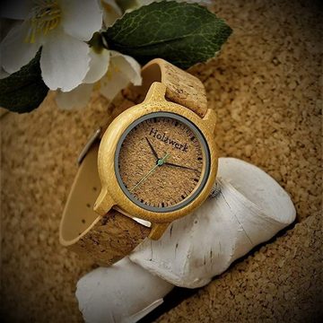 Holzwerk Quarzuhr HILDEN kleine Damen Kork & Leder, Holz Armband Uhr in beige