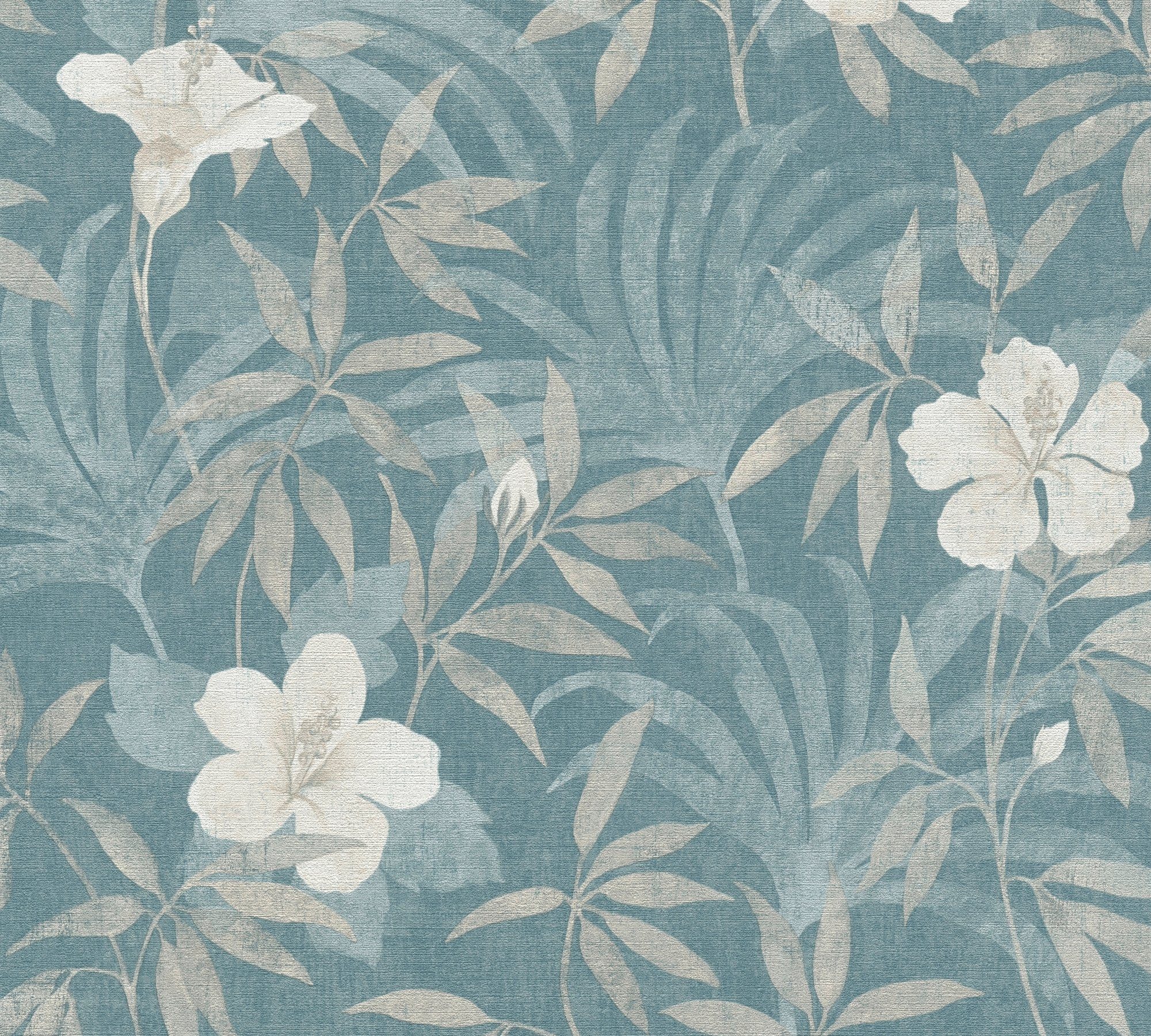 Dschungeltapete floral, Blumen Cuba, Création Tapete beige/blau tropisch, A.S. Vliestapete botanisch,