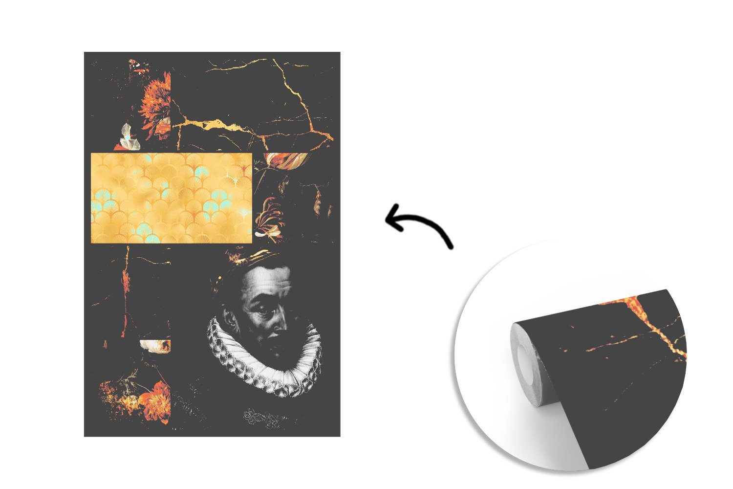 MuchoWow Fototapete Tapete Wandtapete Collage (3 Marmor - Matt, - bedruckt, Montagefertig - Blattgold Vinyl Wohnzimmer, St), Kunst, für