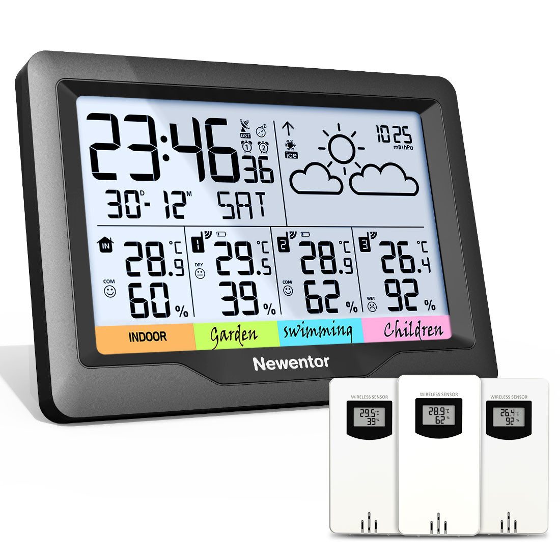 Wetterstation Innen und Außen Hygrometer Wetterstation, mit 3 Außensensoren