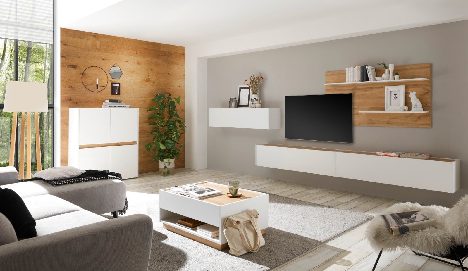 Furn.Design Wohnwand Center, (Wohnzimmer Set mit 300 Wotan weiß cm), TV hängend, anpassbar in Breite Gerät Eiche, an Höhe