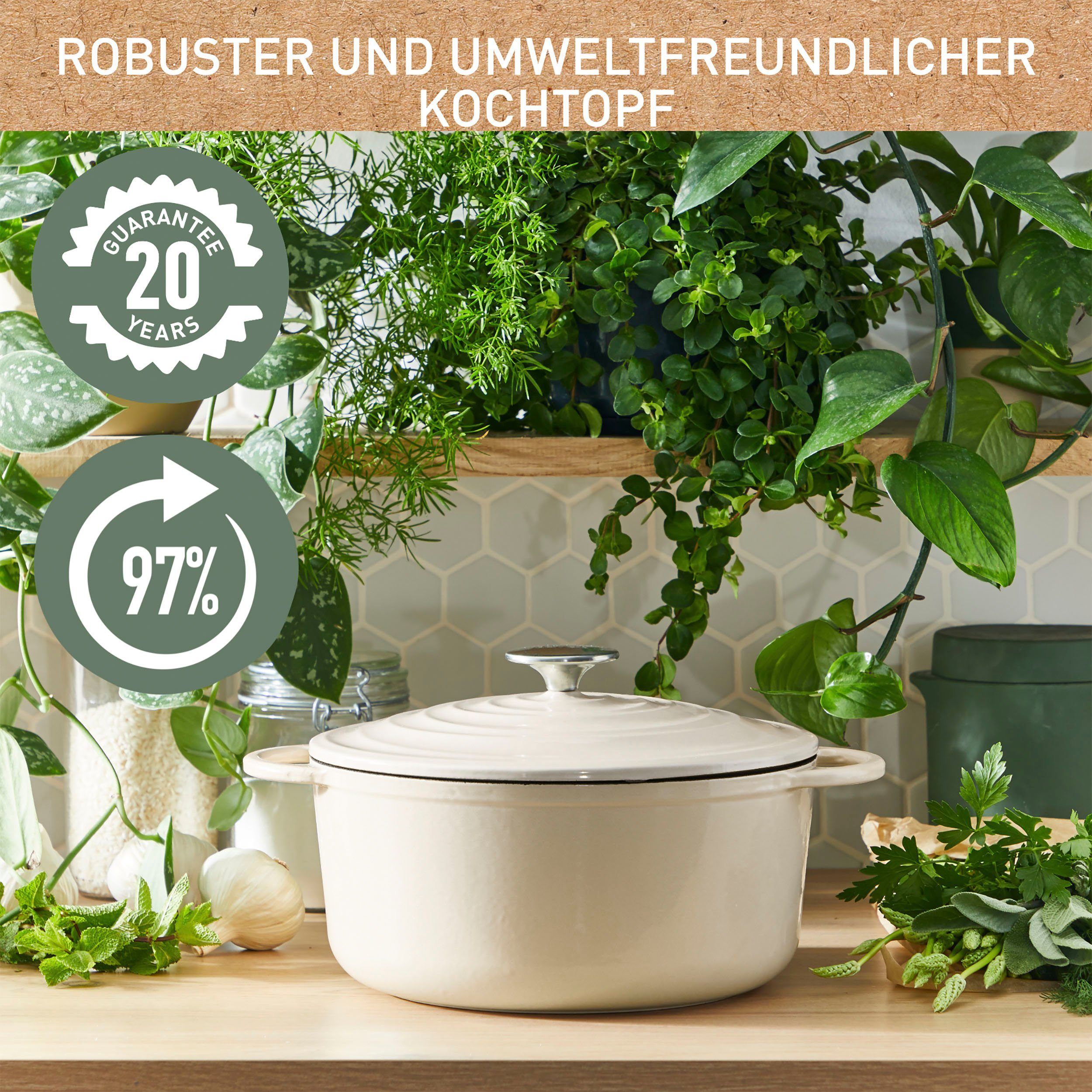 Ø25 unbedenkliche Tefal Induktion Pigmente,Schongaren, (1-tlg), beige Kochtopf umweltfreundlich, cm, LOV, Gusseisen