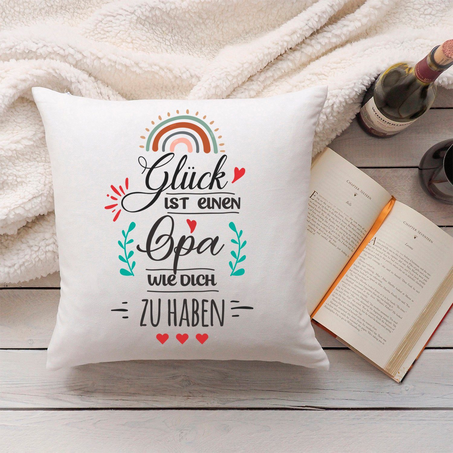 GRAVURZEILE Zierkissen mit Spruch - Glück ist - Geschenk für Freunde & Familie -, starke Farben ohne verblassen - Opa - ohne Füllung