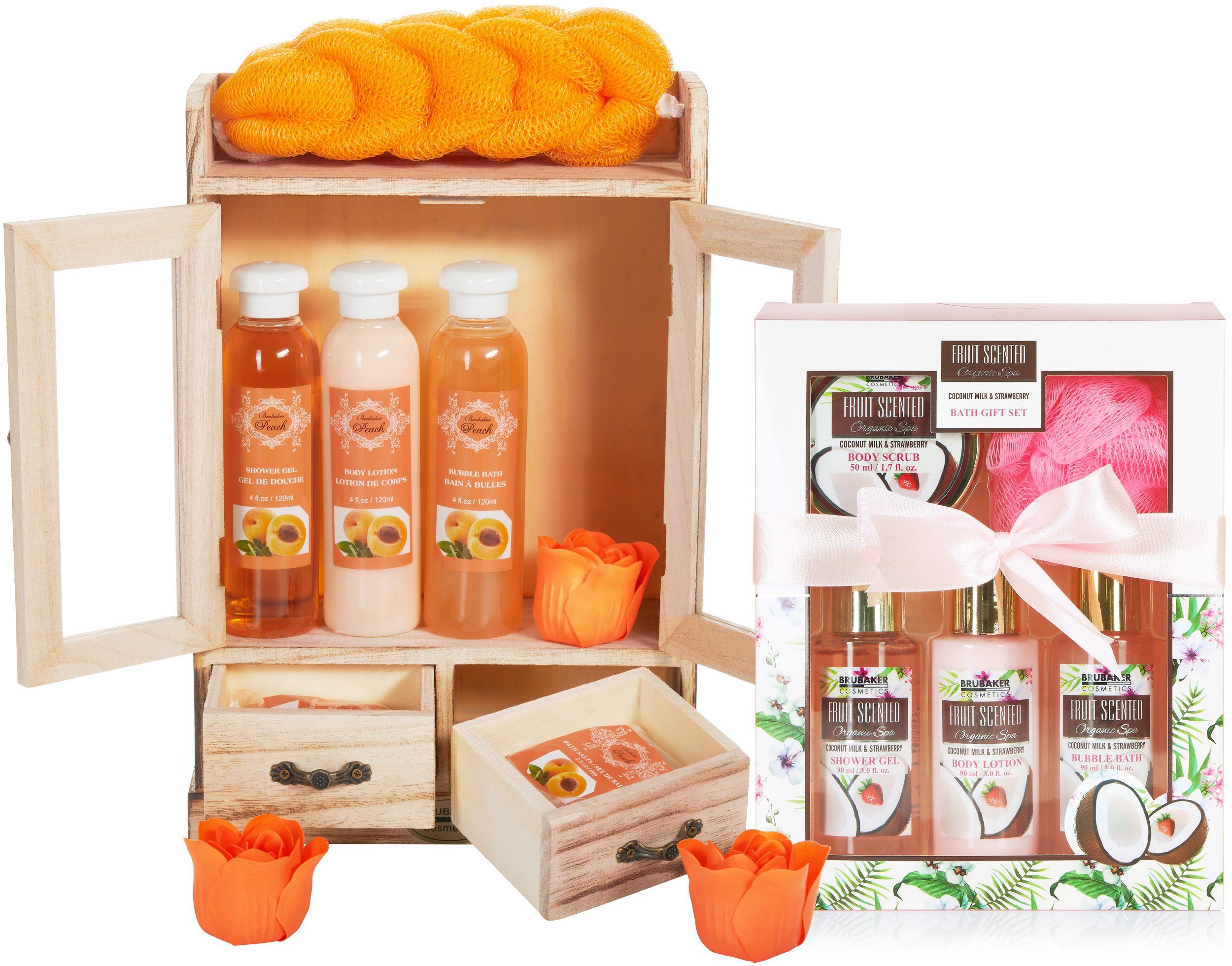 Pflege-Geschenkset - 15-tlg., 2 Dekoration Badeset Erdbeere Wellness BRUBAKER Dusch- Geschenkset & Set, Kokosnuss und in Frauen Beauty - Pfirsich 1 Pflegeset Damen mit