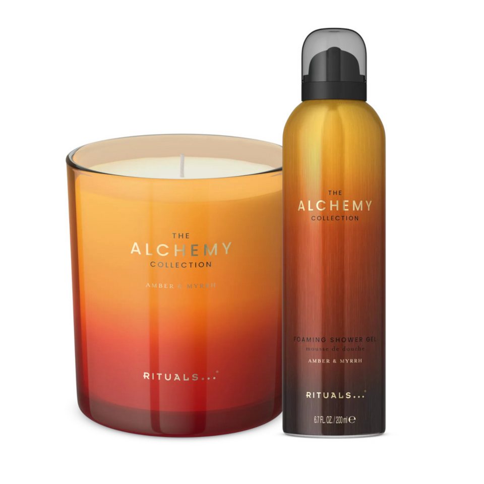 Rituals Pflege-Geschenkset Rituals Alchemy Bundle – Duschgel 200 ml & Duftkerze Set, 2-tlg., Warmes Alchemy-Duo mit Amber, Zimt & Orchidee