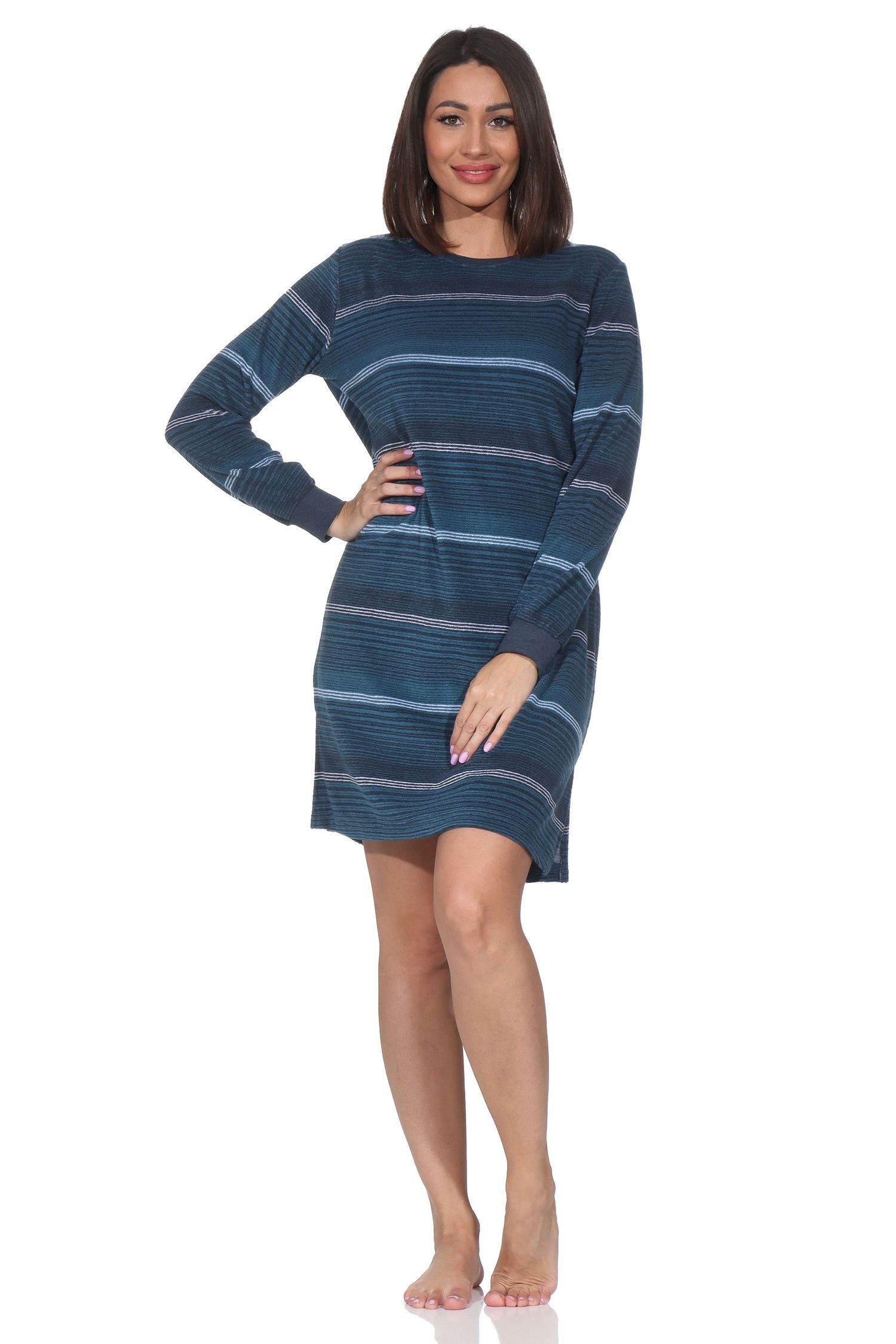 Normann Nachthemd Damen Frottee Nachthemd mit Bündchen in elegantem Streifendesign