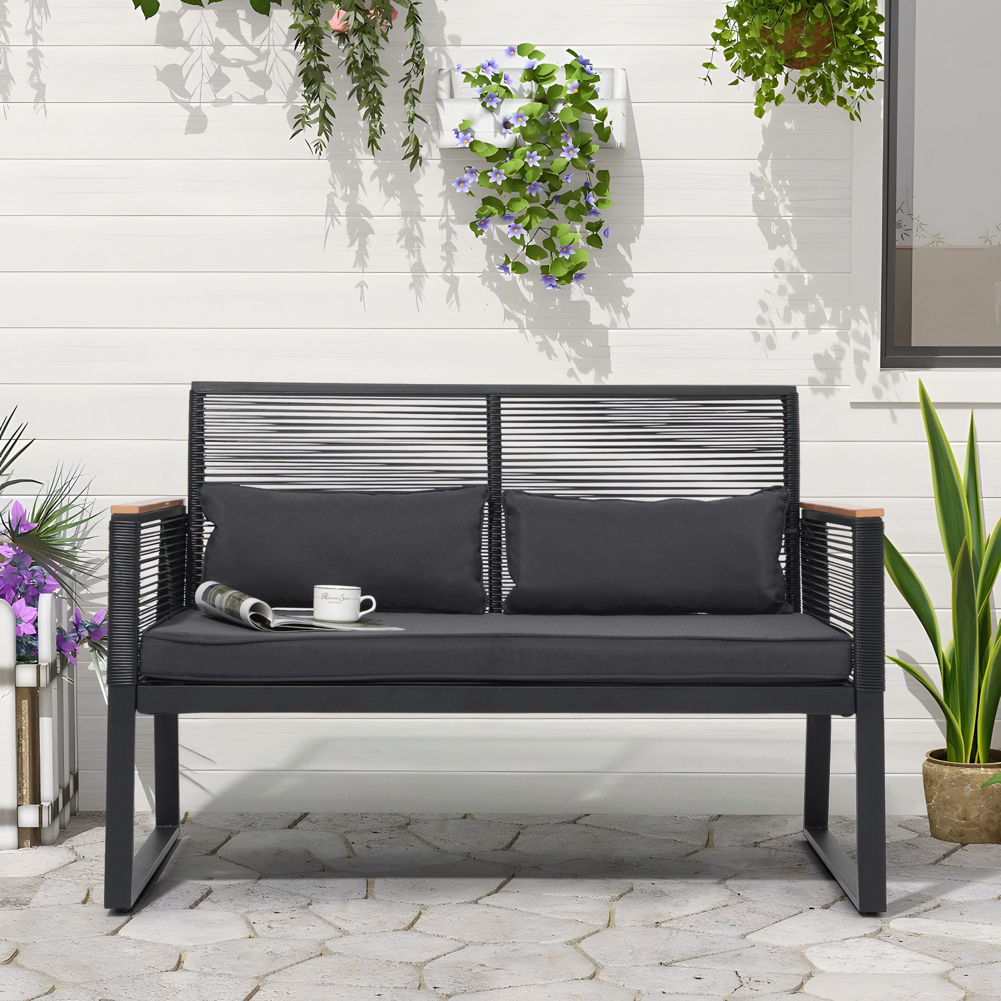 JOIVI Gartenbank 2er Gartenloveseat (Terrasse Sitzbank bis zu 160 kg, Gartenbank mit Sitzkissen&Rückkissen), Balkonbank für Balkon, Garten, Terrasse, Hinterhof, Schwarz