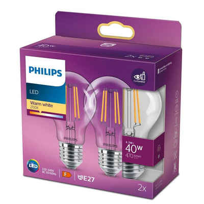 Philips LED-Leuchtmittel 2ER PACK E27 LAMPEN FILAMENTFÄDEN, E27