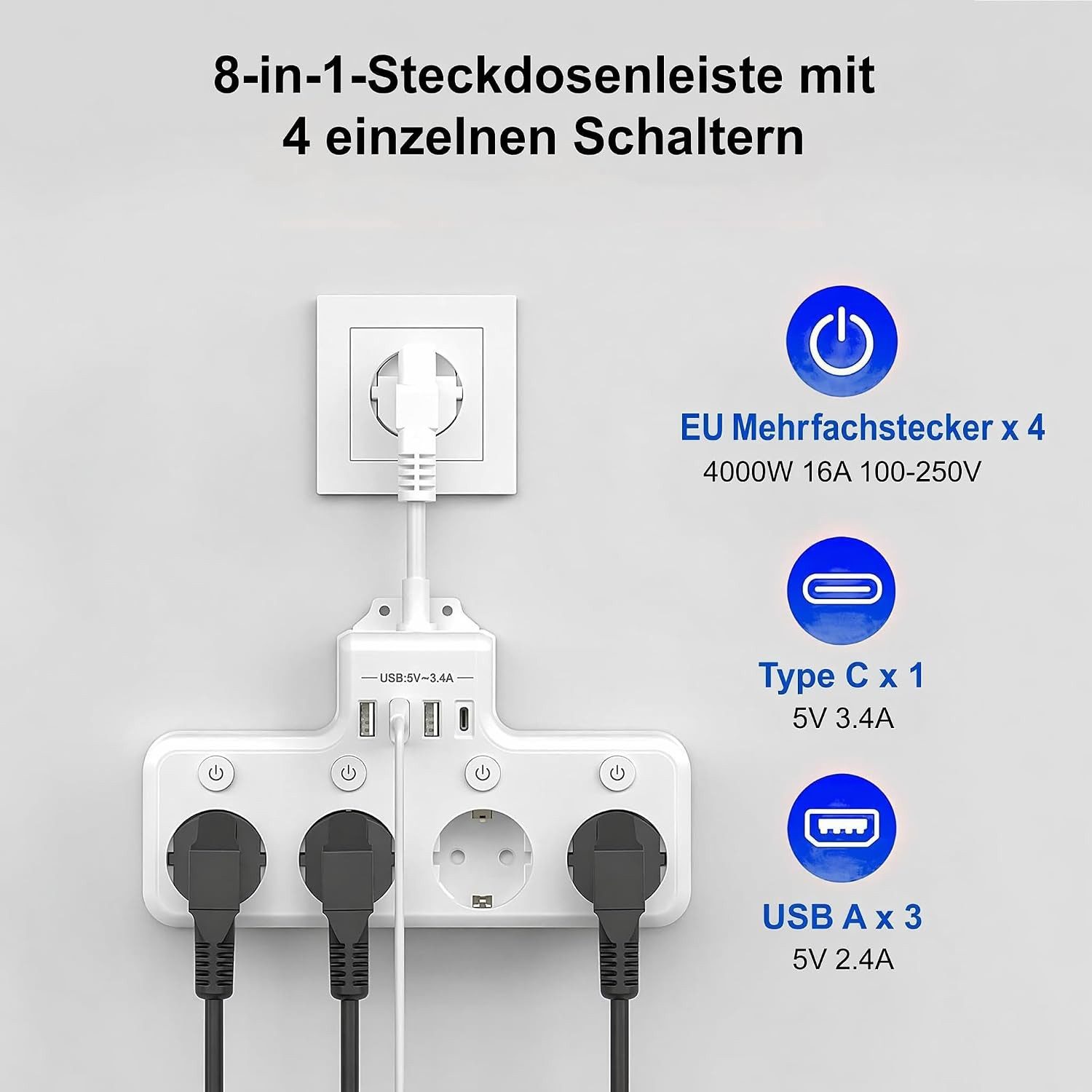 Heqishun 4-fach Steckdosenleiste mit 3 USB-A, USB-C und 4 Schaltern Mehrfachsteckdose 4-fach (3 USB-A-Anschlüsse, 1 USB-C-Anschluss, Überstromschutz, Kurzschlussschutz, 4 Steckdosen, Überlastschutz, 4 unabhängige Schalter, Kindersicherung, Überspannungsschutz, Überstromschutz, Kurzschlussschutz, Überlastschutz, Kindersicherung, Überspannungsschutz, Kabellänge 0,1 m), 4 Steckdosen, 3 USB-A, 1 USB-C, 4 Schalter, Kindersicherung