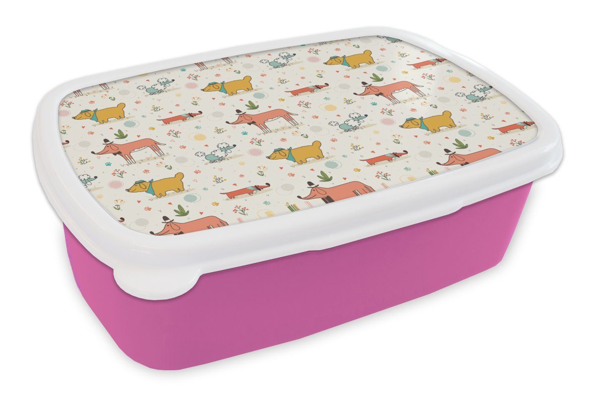MuchoWow Lunchbox Hund - Dackel - Blumen, Kunststoff, (2-tlg), Brotbox für Erwachsene, Brotdose Kinder, Snackbox, Mädchen, Kunststoff rosa