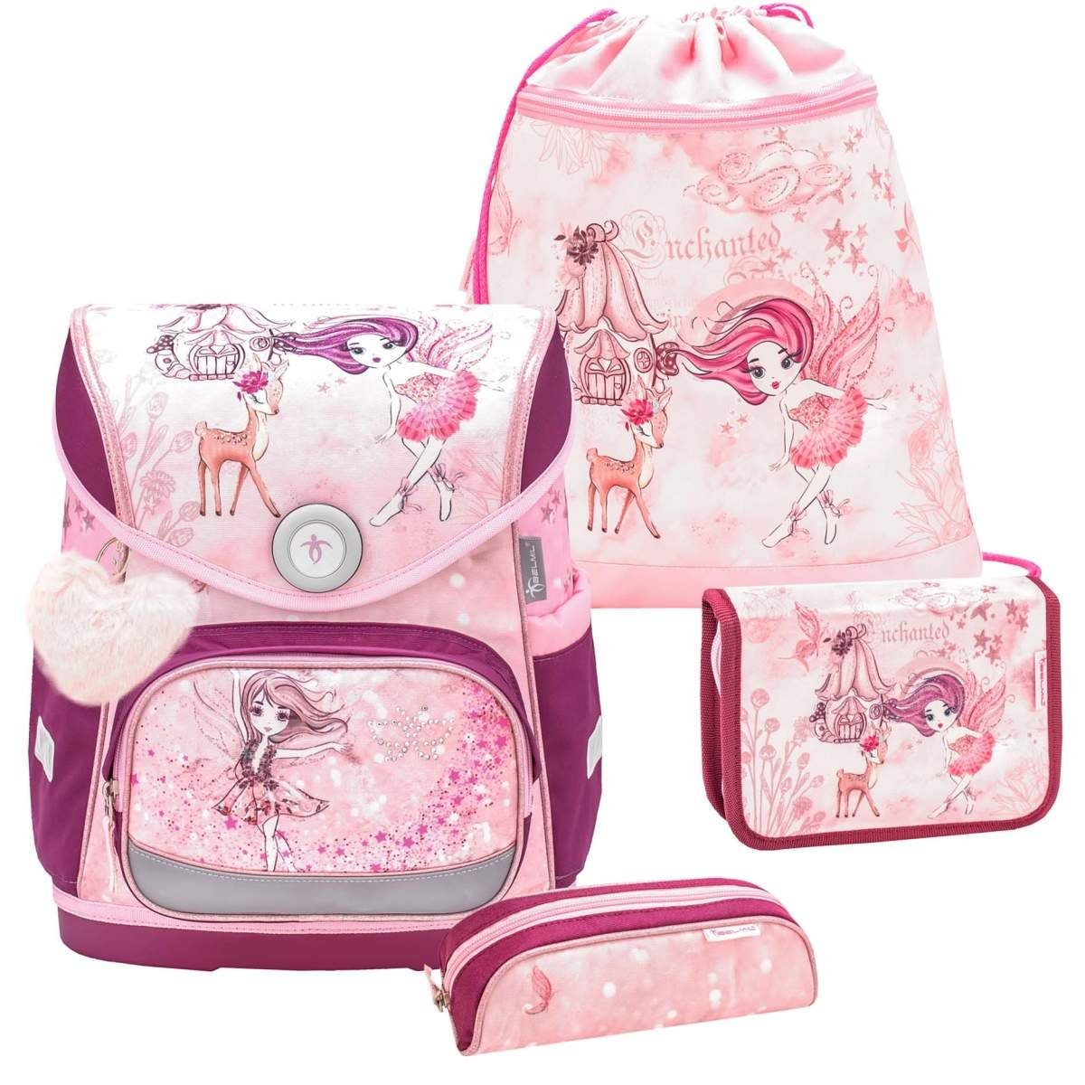 Belmil Schulranzen Schulranzen-Set COMPACT 4tlg, mit Magnetschloss, Set mit Sportbeutel Federtasche und Schlamper, Brustgurt, Motiv für Mädchen Fairytale