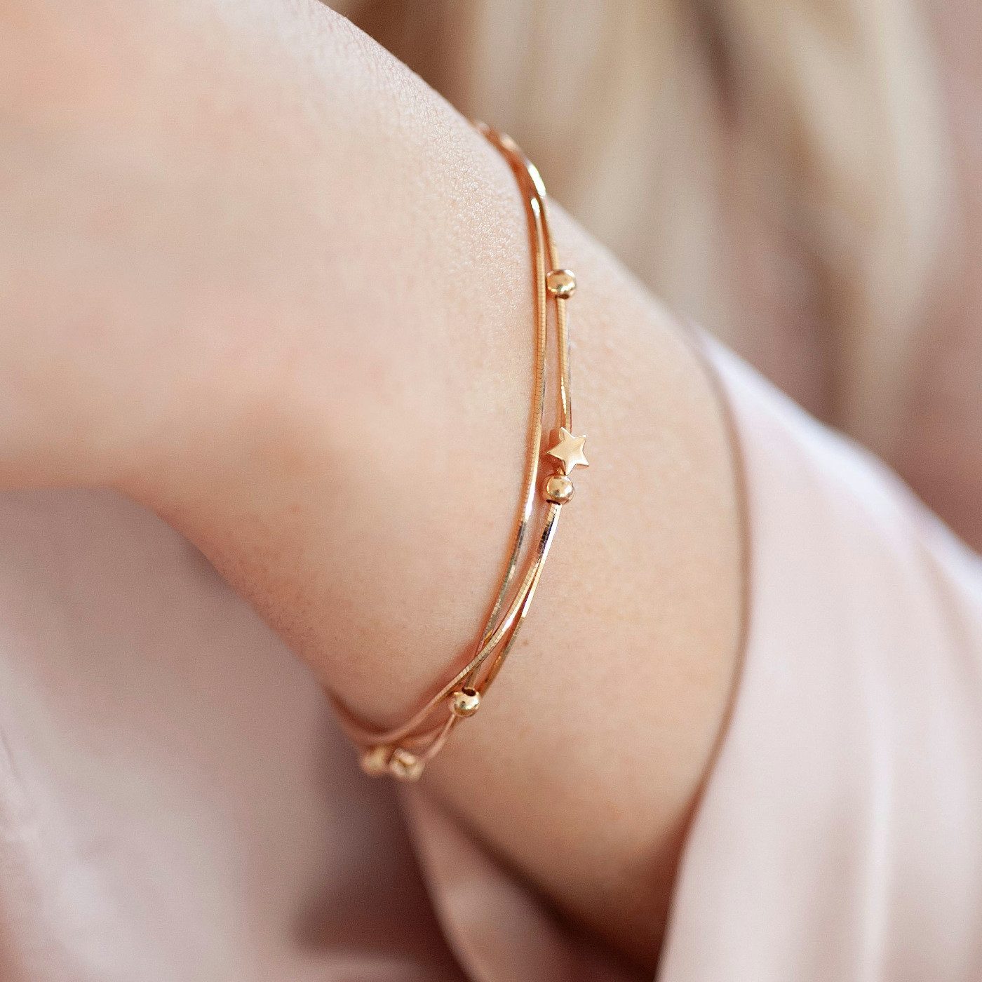 Materia Armkette Damen Rosegold mehrreihig Kugeln Sterne SA-149, Sterlingsilber, rosevergoldet