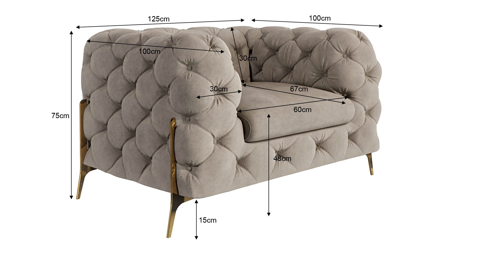 S-Style Möbel Polstergarnitur Ashley 3+2+1, Chesterfield mit Goldenen Metall Füßen, (1x 3-Sitzer-Sofa, 1x 2-Sitzer-Sofa, 1x Sessel), mit Wellenfederung