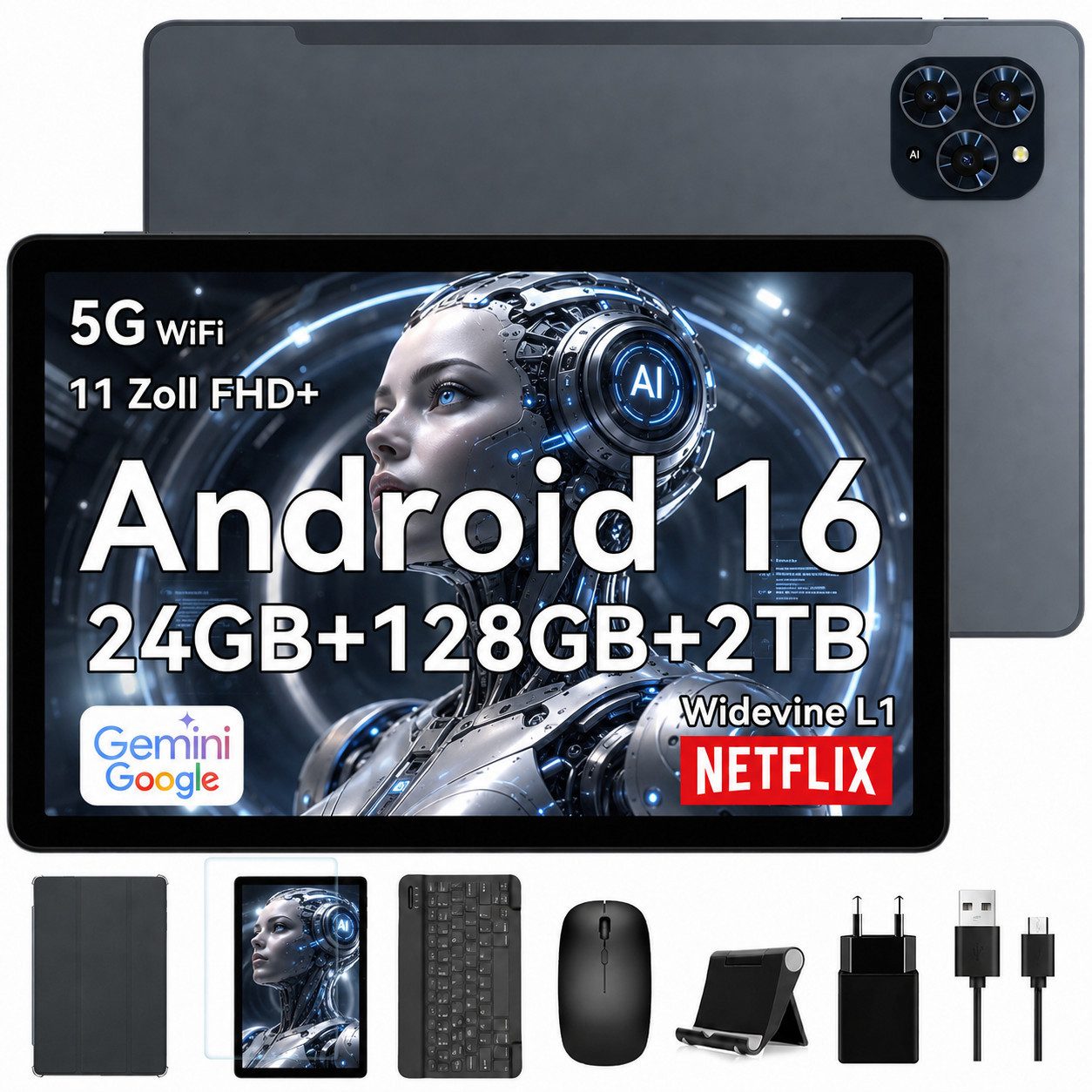 TABWEE 11" FHD Android 16 Widevine L1 mit Tastatur, Maus, Stift, Hülle Tablet (11", 128 GB, Android16, 24GB(8+16GB) RAM, Gesichtsentsperrung, 8000mAh, 13MP, WiFi, Gemini AI)