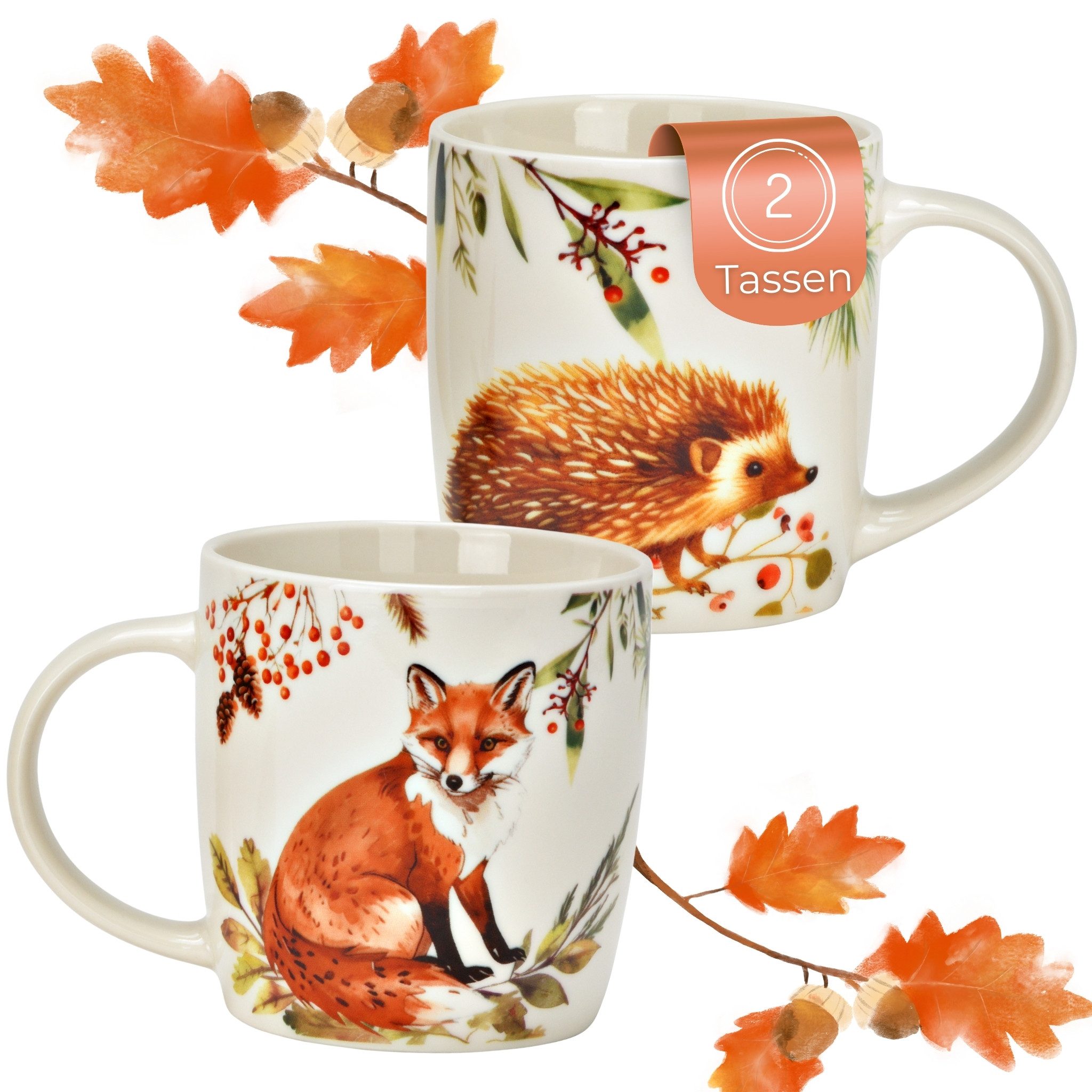 matches21 HOME & HOBBY Tasse Herbst Чашки Fuchs & Igel, 350 ml Kaffeetasse aus Porzellan, Porzellan, Spülmaschinenfeste & Mikrowellengeeignete Teetasse