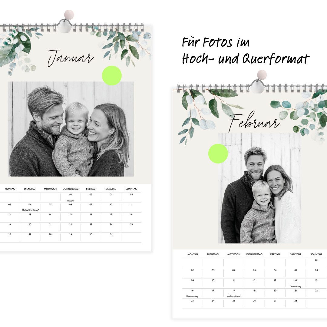 heaven+paper Familienkalender Fotokalender DIN A4 Green 2026, mit Feiertagen, Wandkalender, Hergestellt in Deutschland