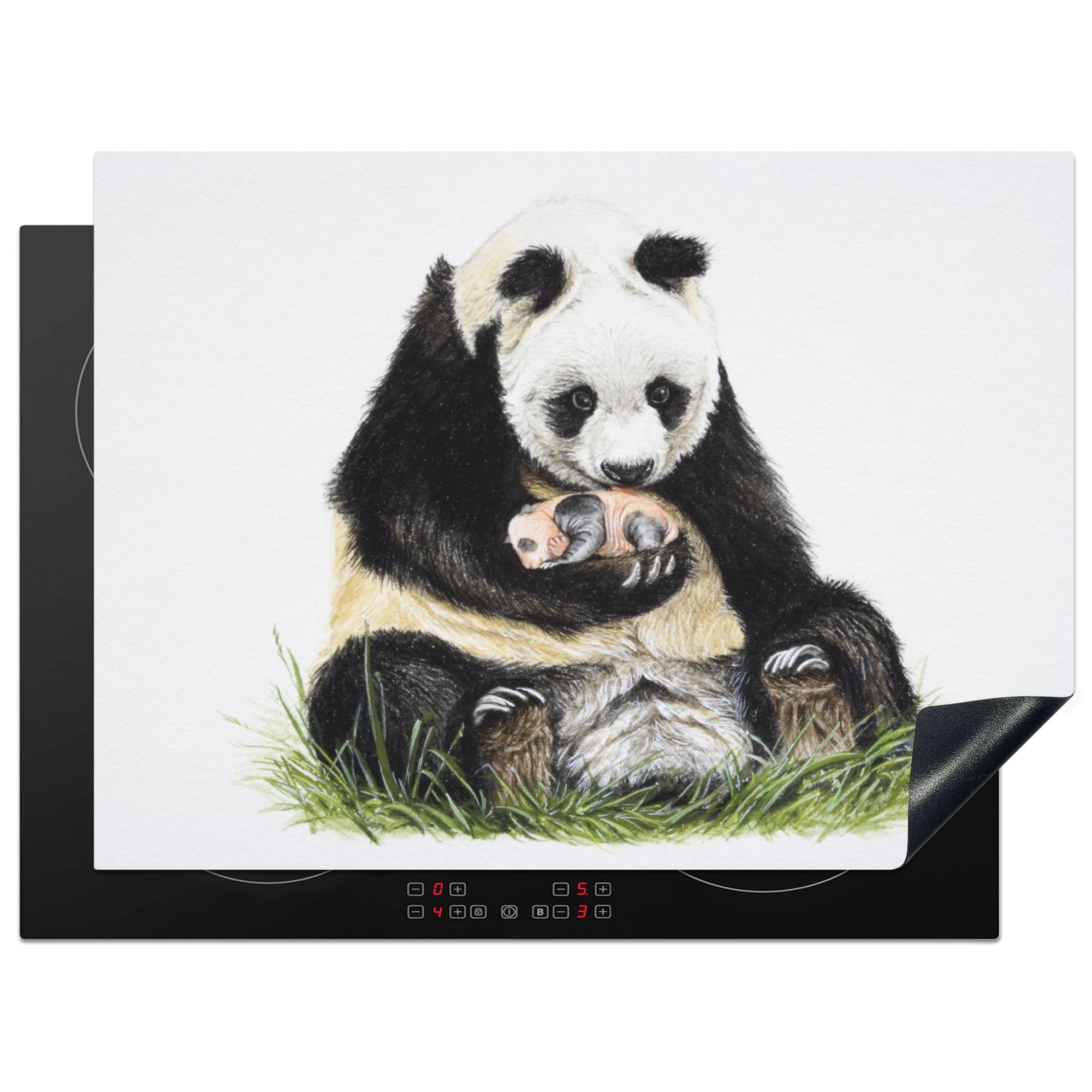 MuchoWow Herdblende-/Abdeckplatte Panda - Gras - Schwarz, Vinyl, (1 tlg), 70x52 cm, Mobile Arbeitsfläche nutzbar, Ceranfeldabdeckung